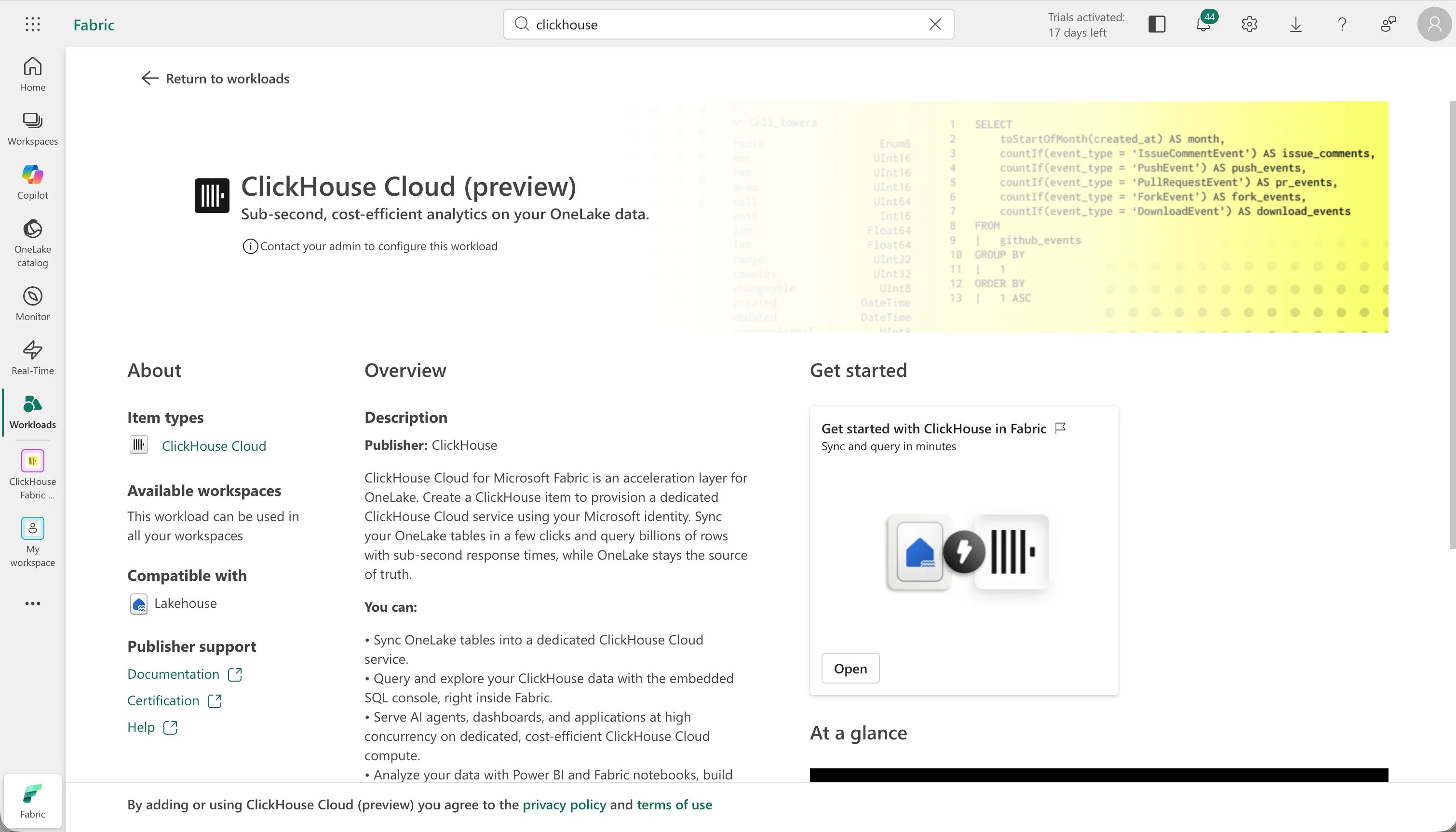ClickHouse workload page in the Microsoft Fabric workload hub