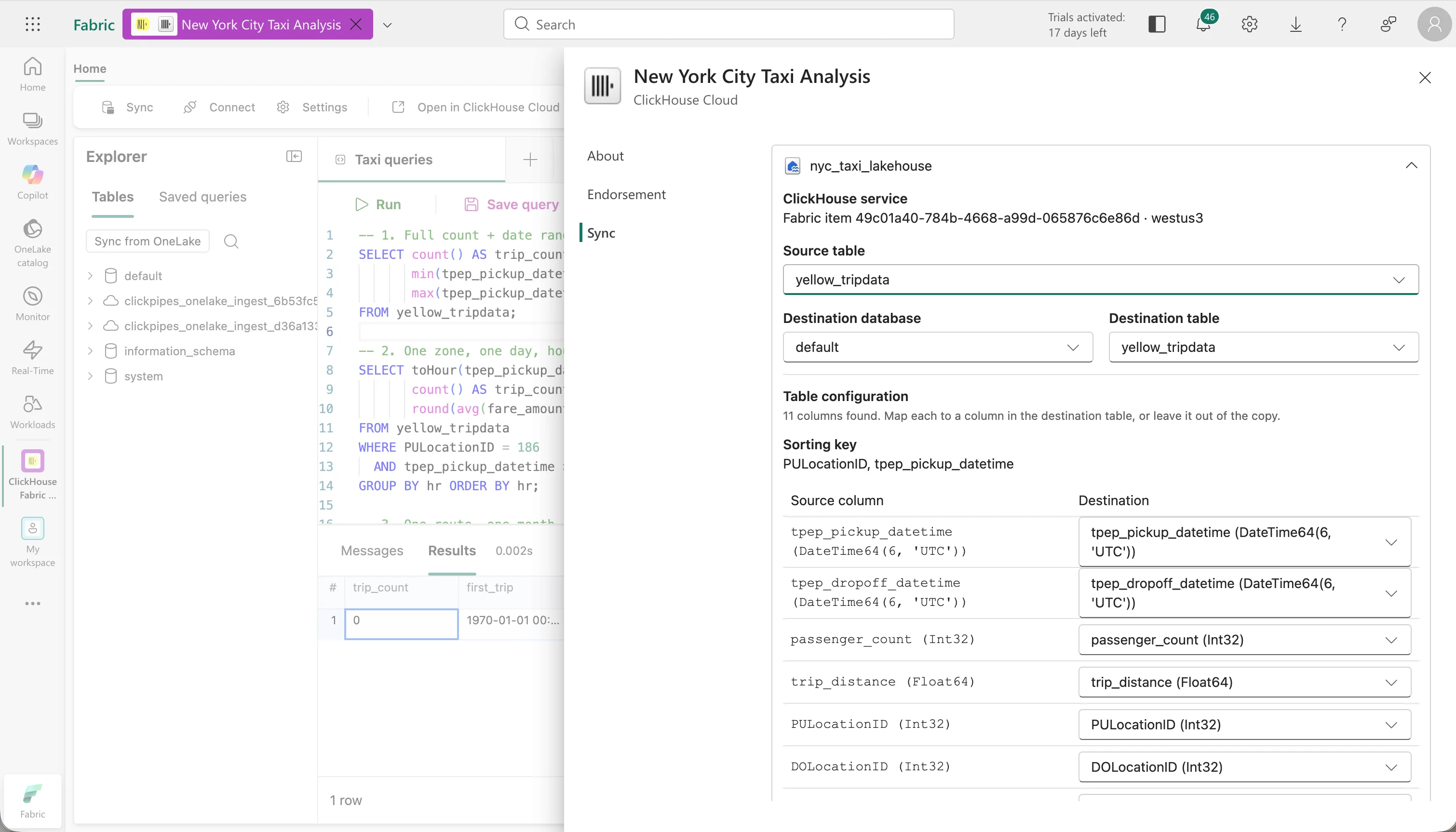 Sync column mapping from a OneLake source table to an existing ClickHouse table