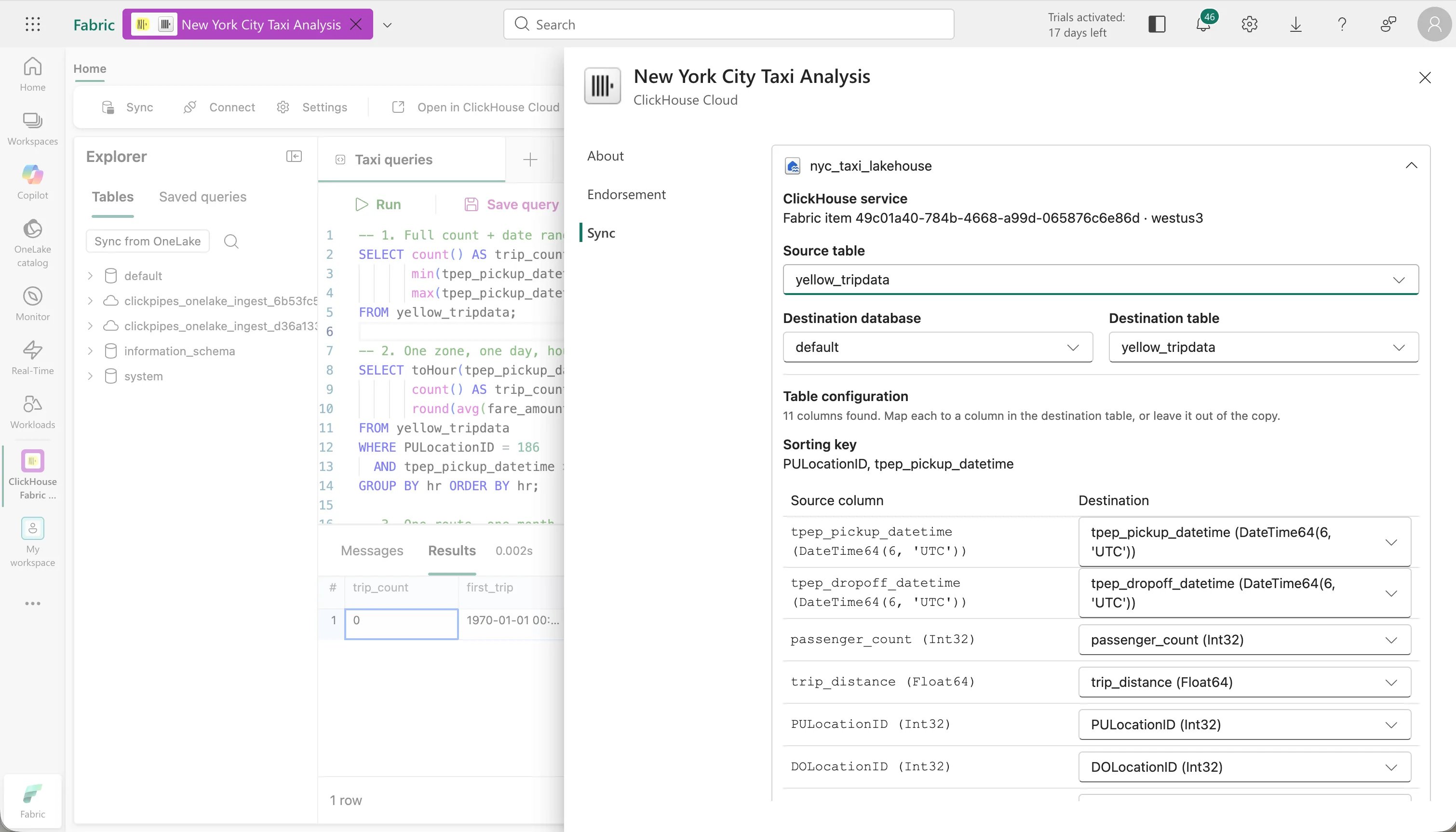 Sync column mapping from a OneLake source table to an existing ClickHouse table