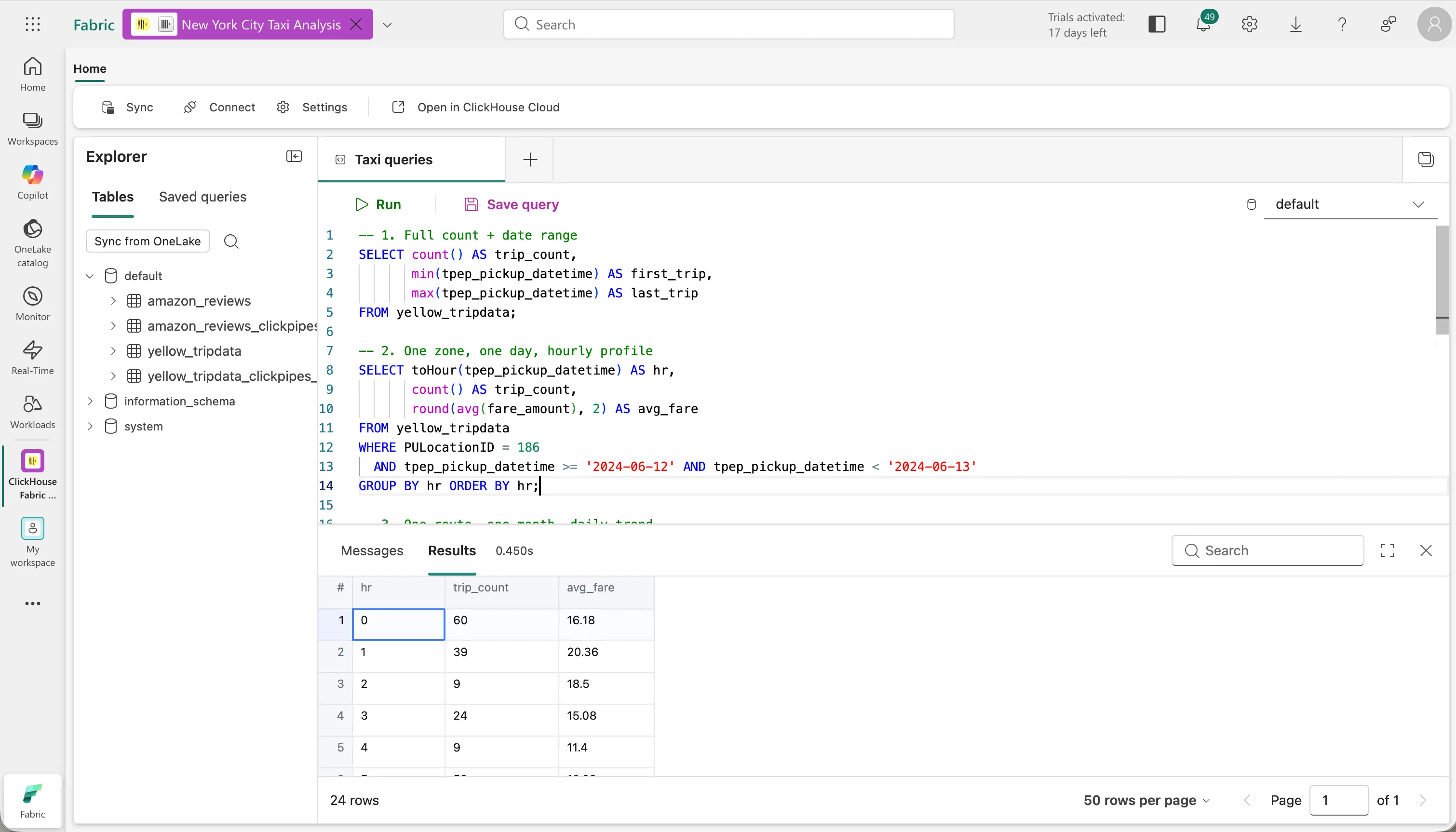 Embedded ClickHouse SQL console querying the synced NYC taxi table