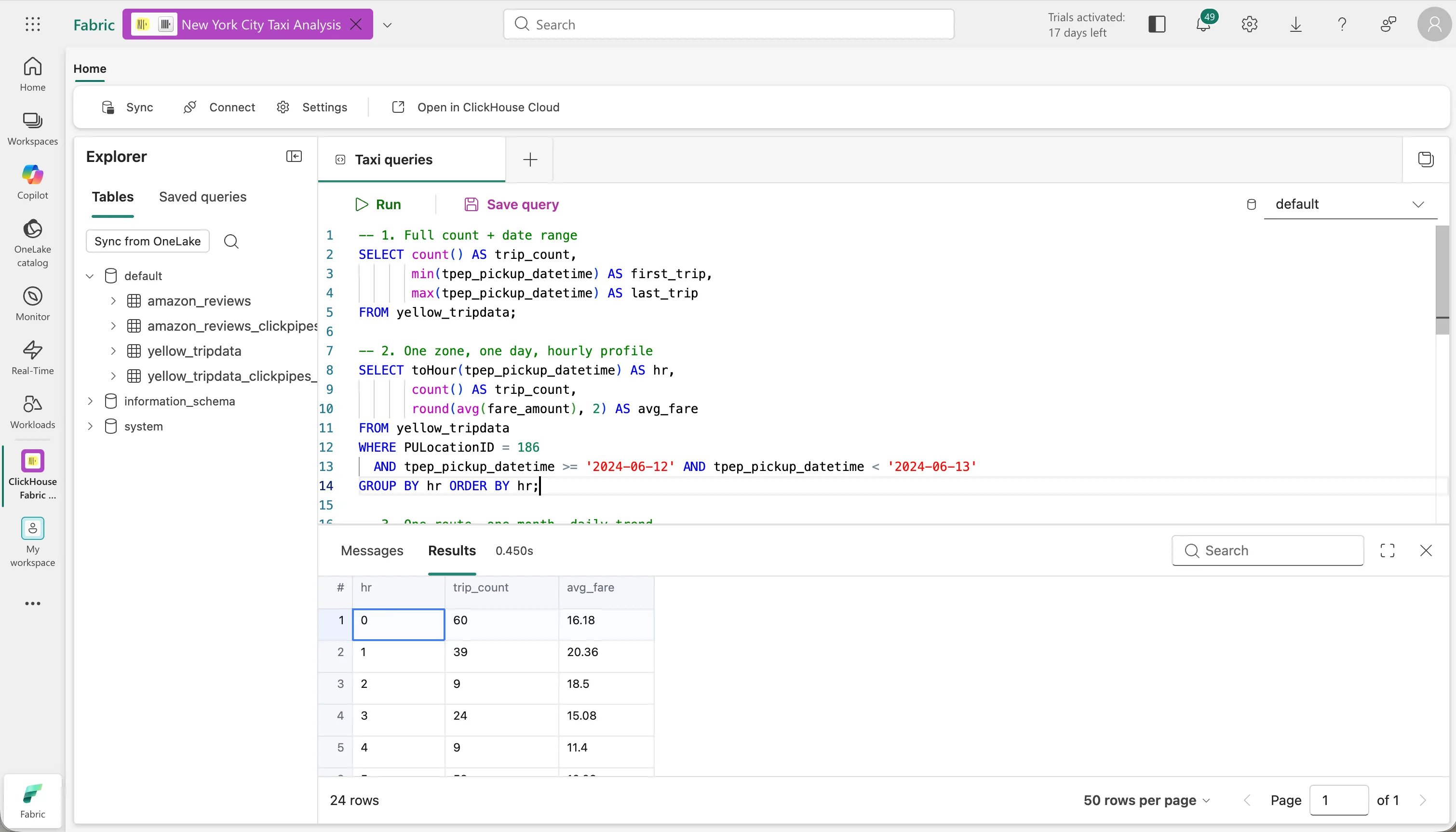 Embedded ClickHouse SQL console querying the synced NYC taxi table