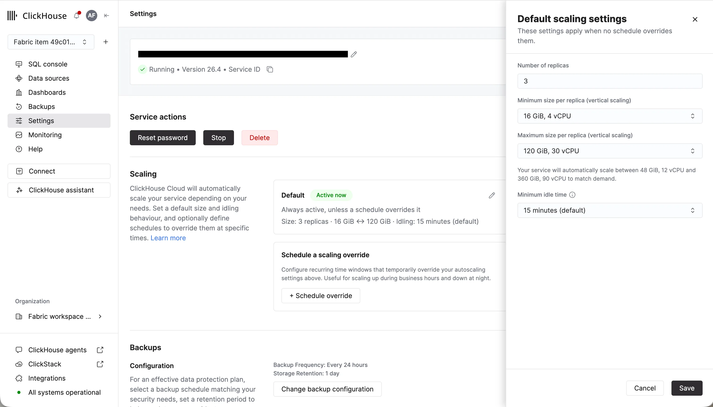 ClickHouse Cloud console service settings reached from the workload