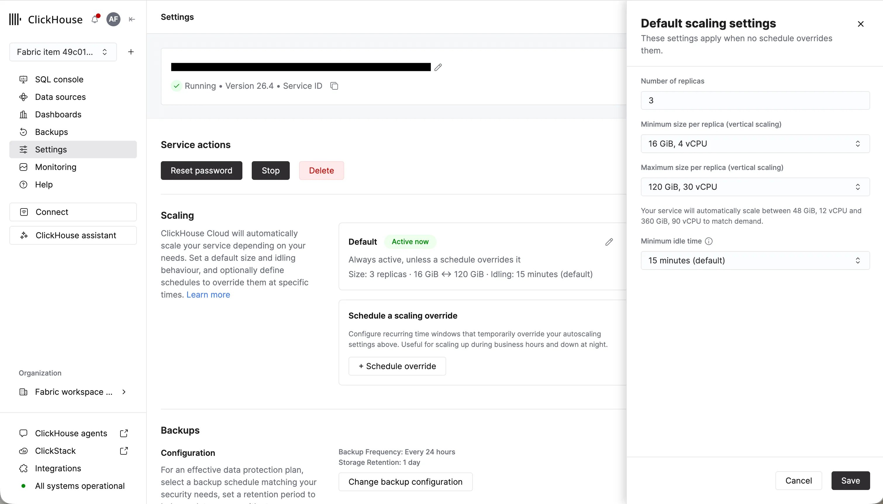 ClickHouse Cloud console service settings reached from the workload