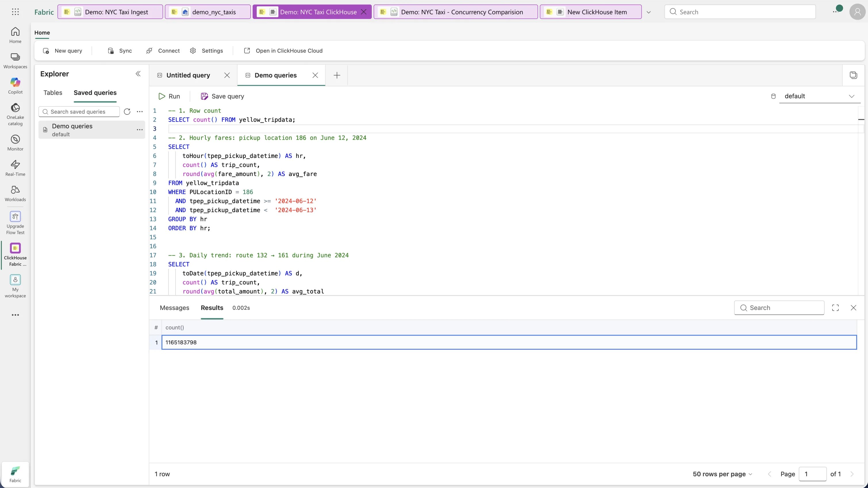 The three tutorial queries in the embedded ClickHouse SQL console
