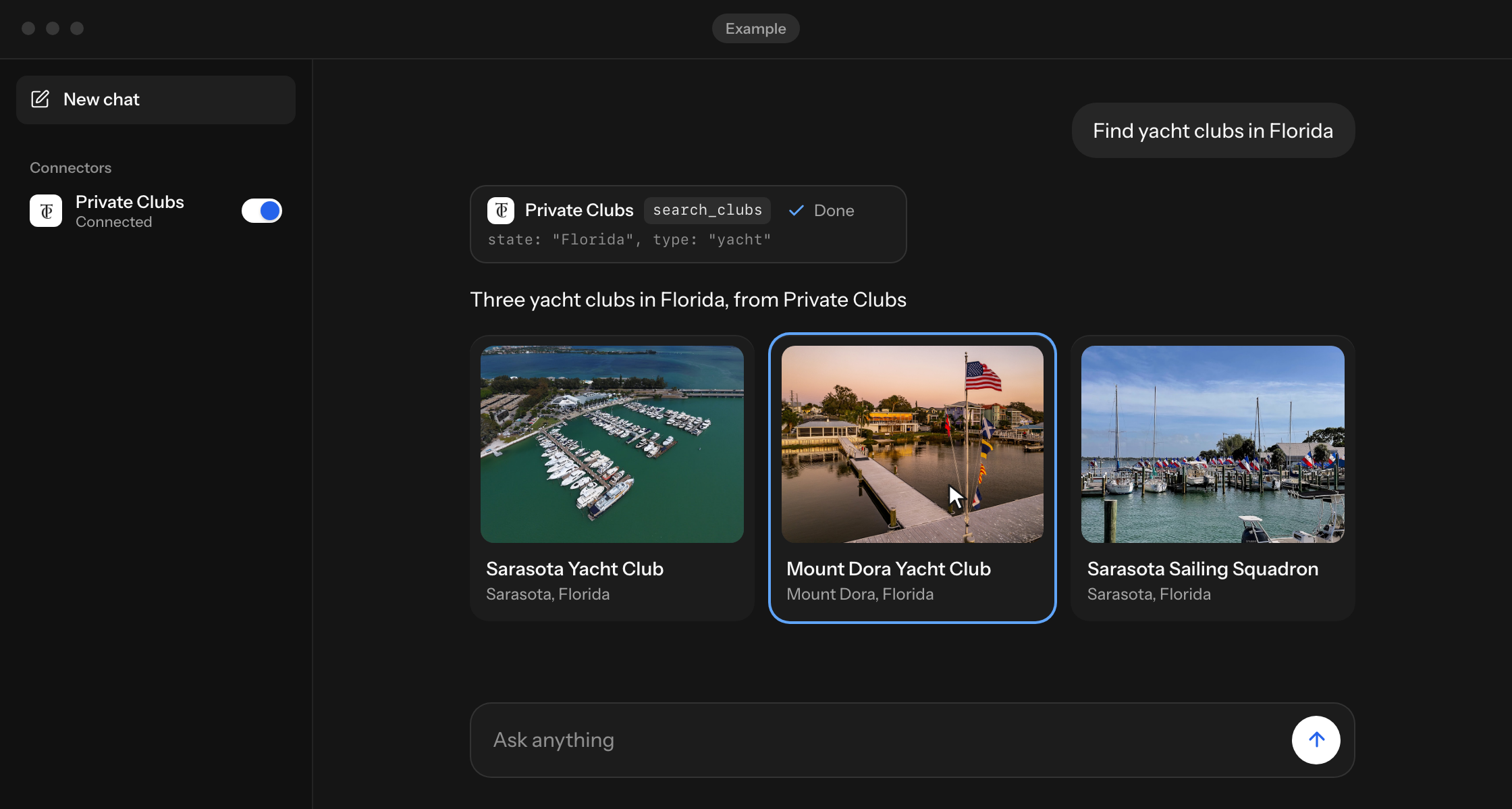 Illustration of an AI app asking about clubs, calling search_clubs and showing three clubs from the directory