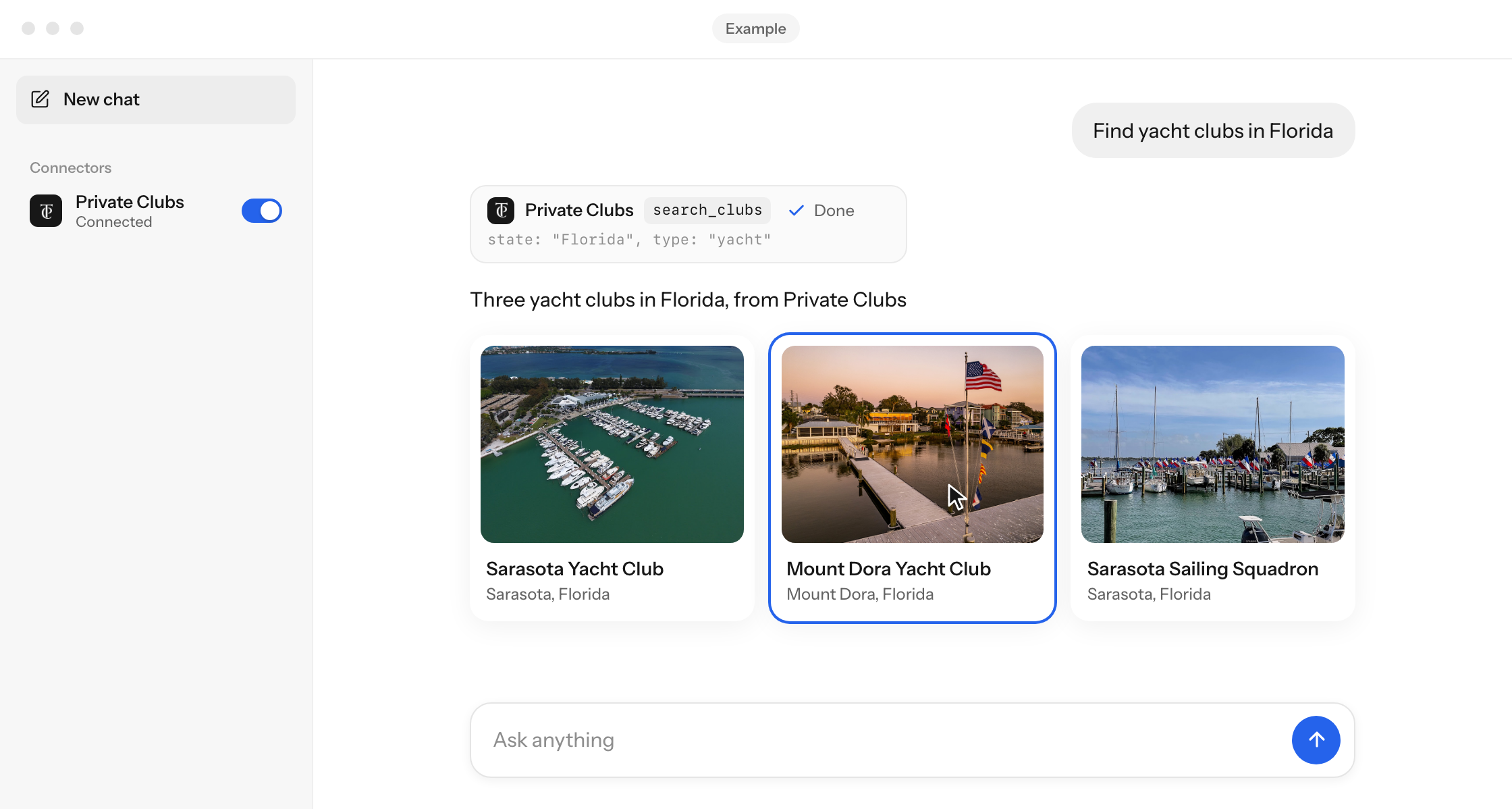 Illustration of an AI app asking about clubs, calling search_clubs and showing three clubs from the directory
