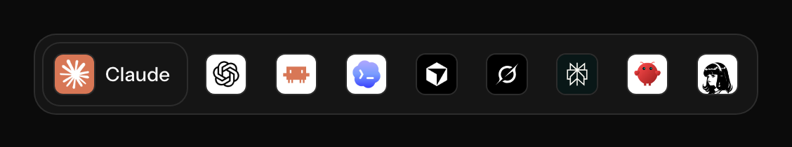 The app picker on the setup page: one button for each AI app, with the selected app named beside its icon