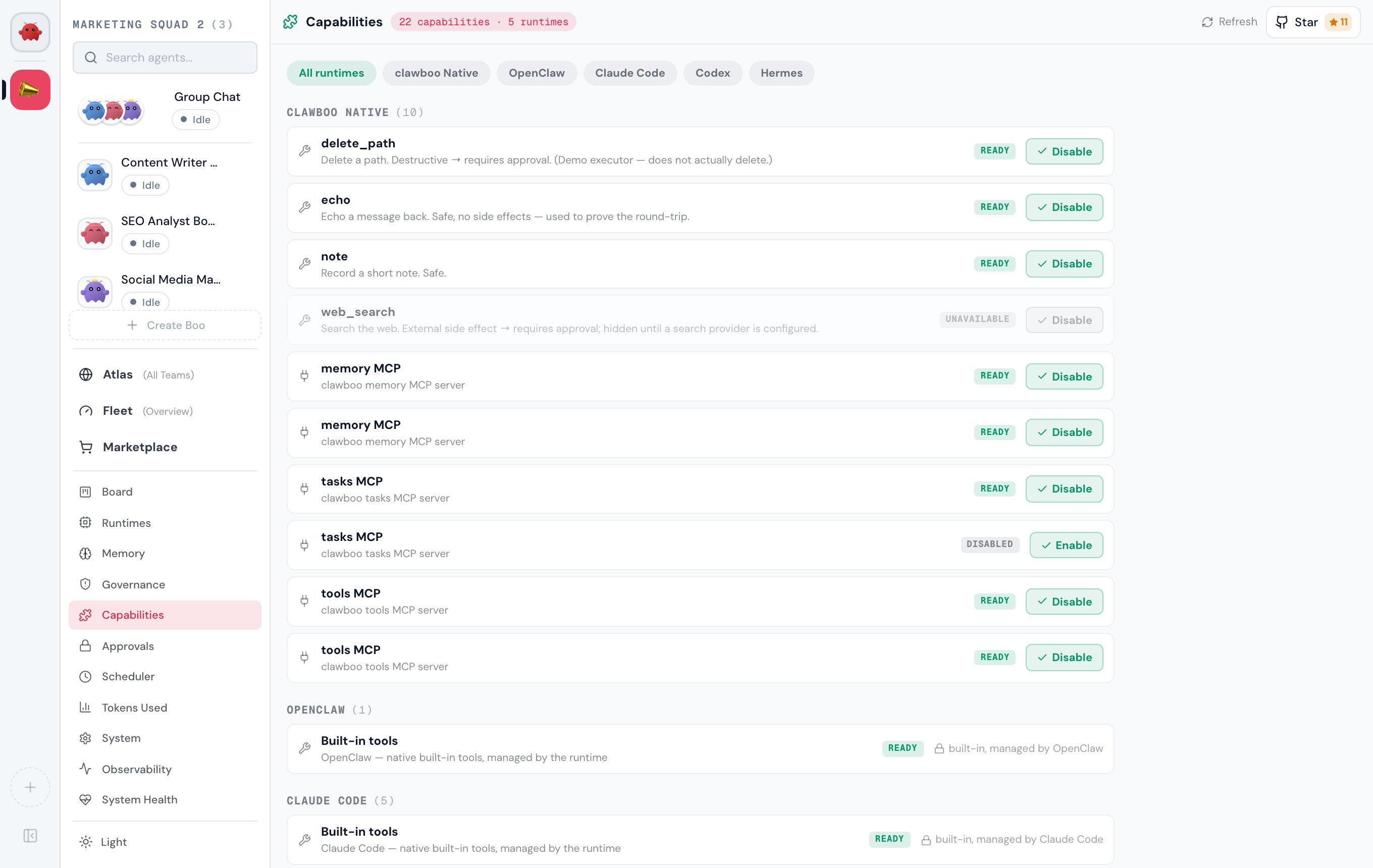 The Capabilities panel grouping skills, tools, and connectors by runtime with availability pills and Enable/Disable actions