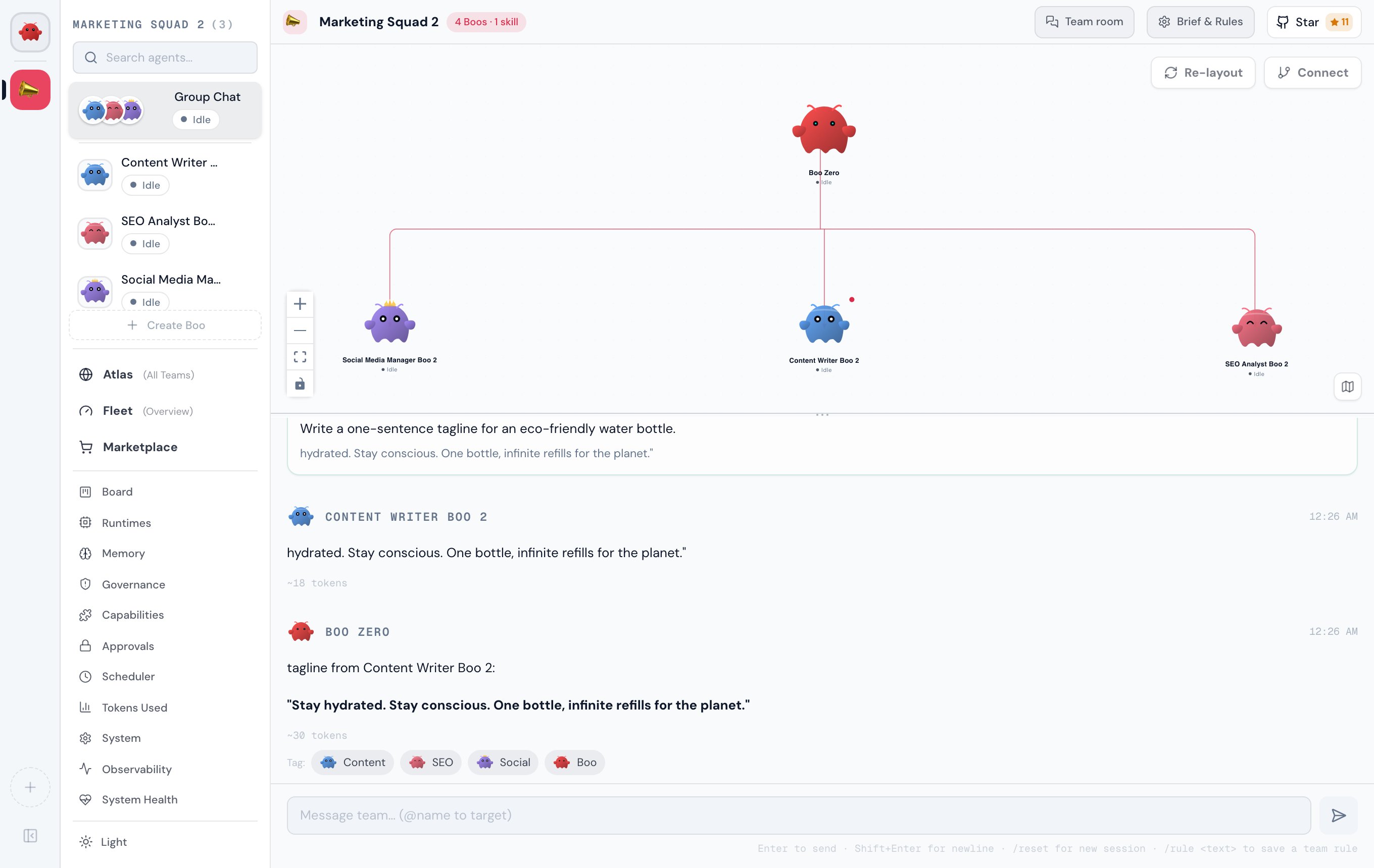 The Clawboo team space: a leader and three specialists in a team graph above a live group chat
