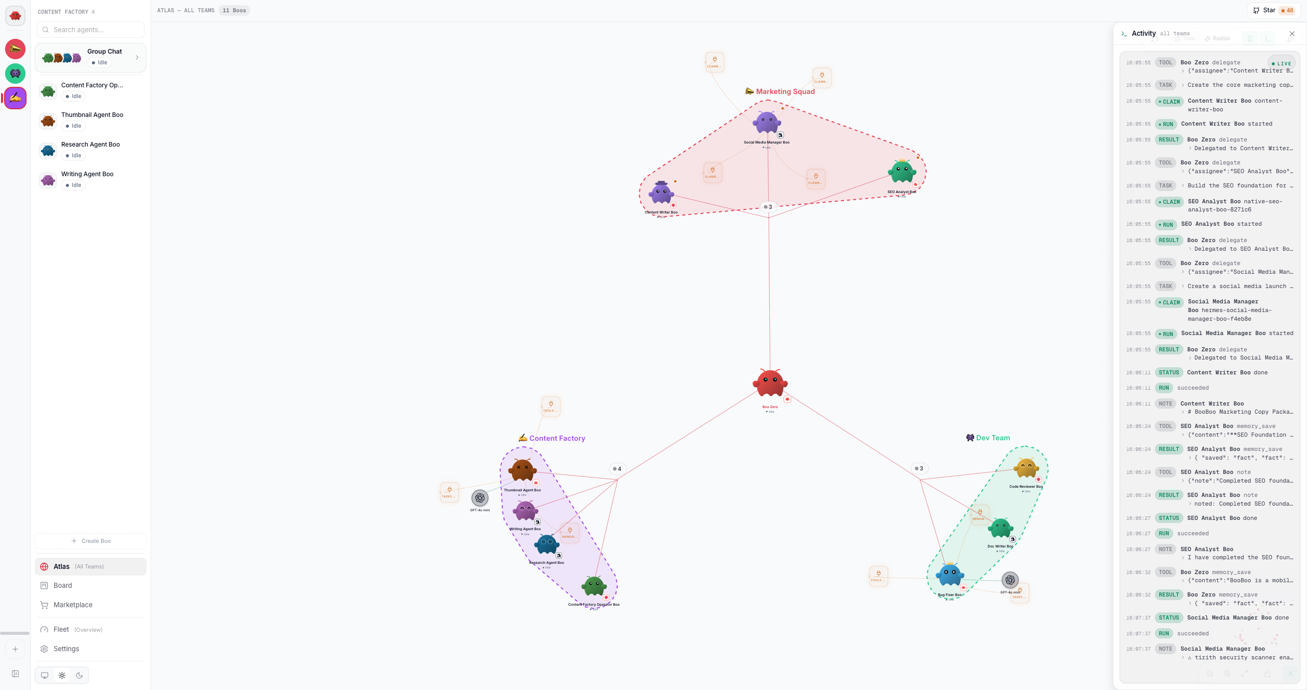 The Atlas Activity dock live-tailing delegate, claim, run, and result events across all teams