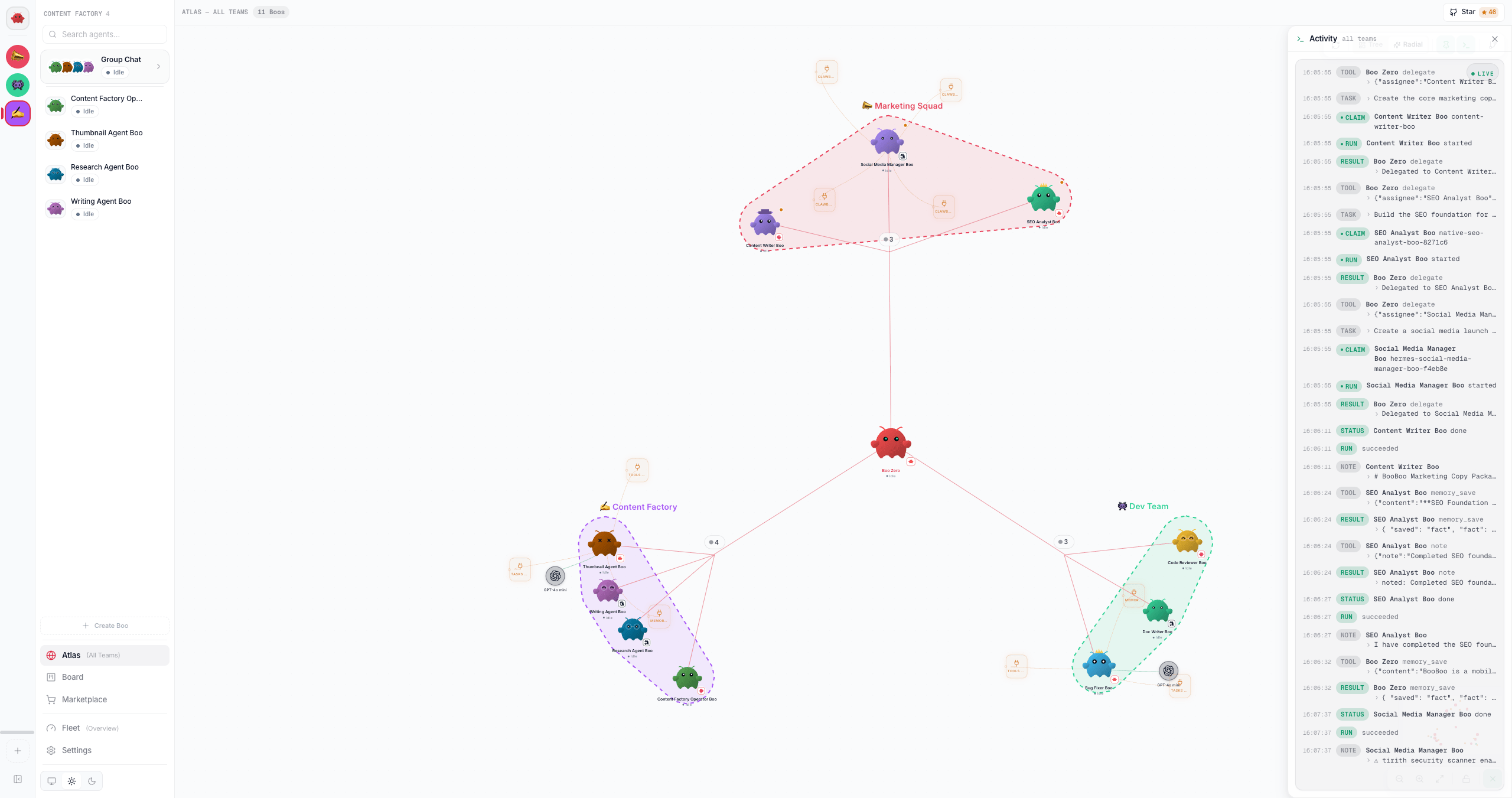 The Atlas Activity dock live-tailing delegate, claim, run, and result events across all teams