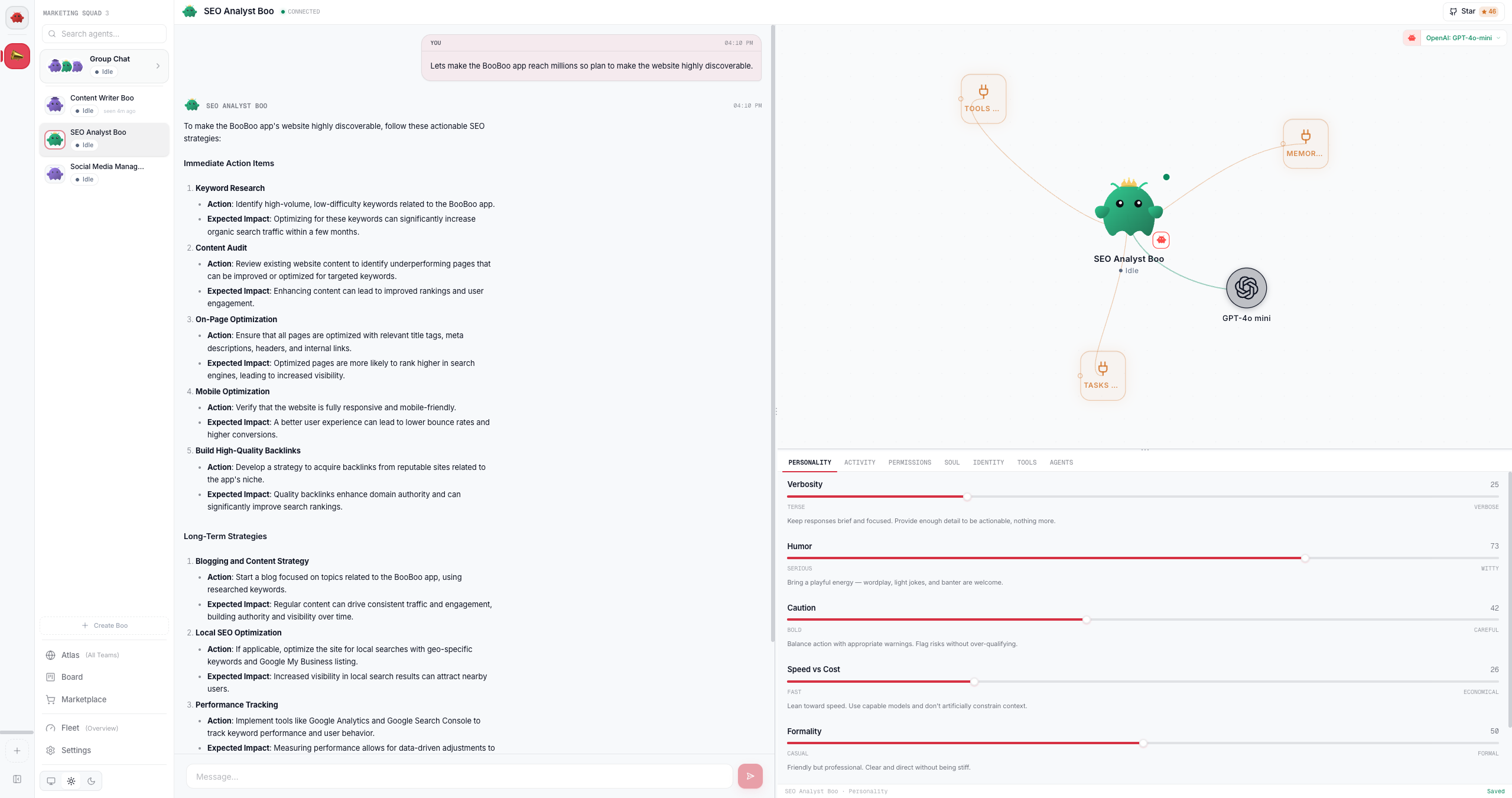 The agent detail view: chat on the left, mini-graph and the tabbed inline editor on the right.