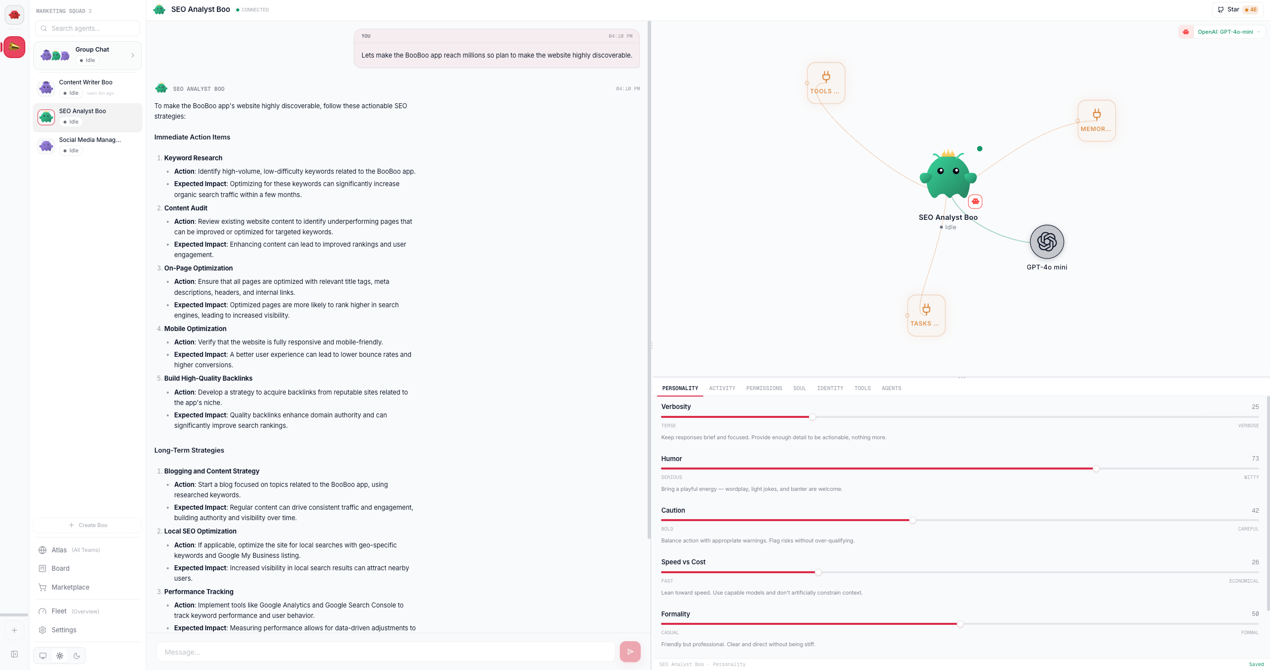 The agent detail view: chat on the left, mini-graph and the tabbed inline editor on the right.