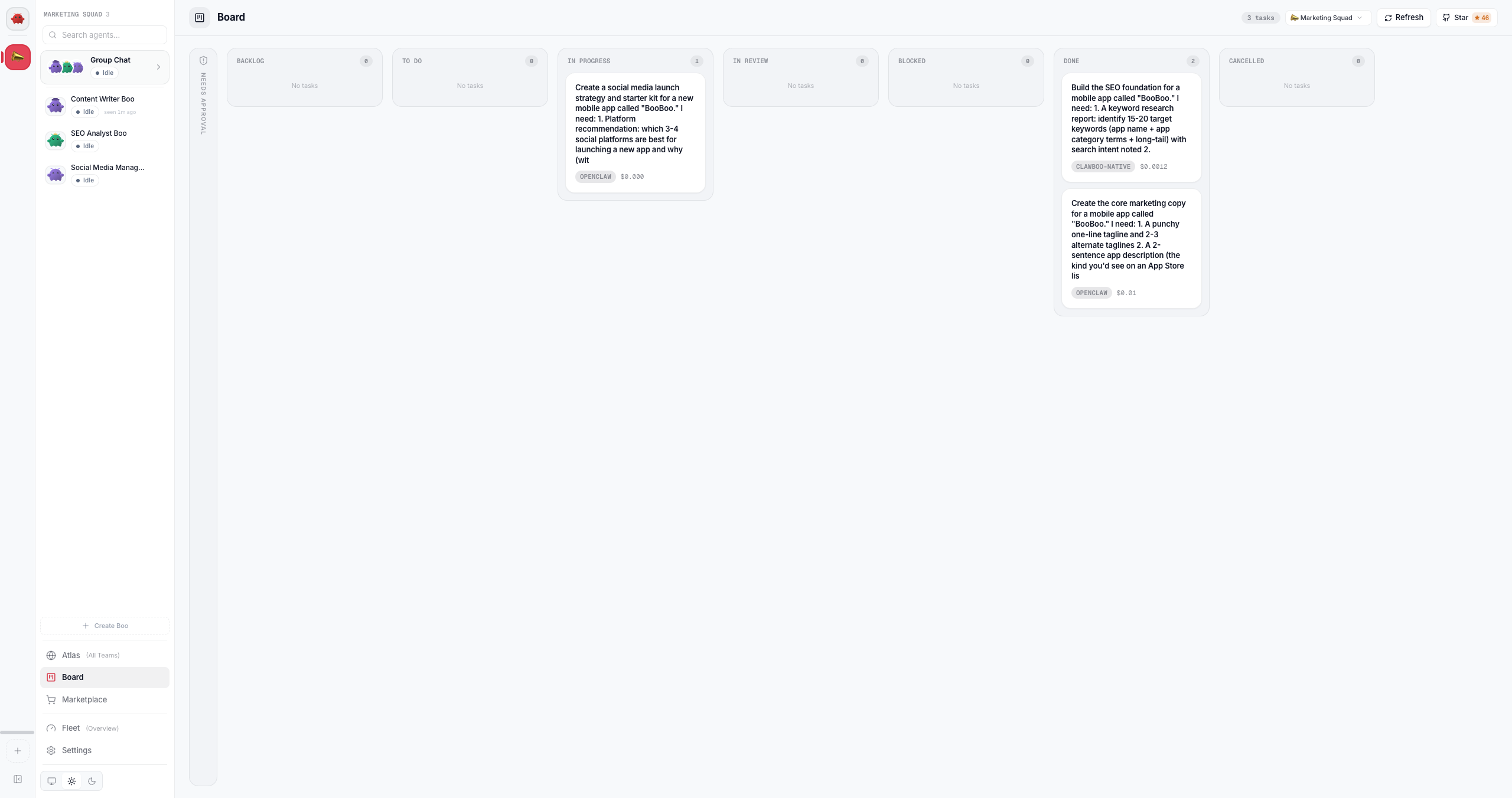 The board: status columns with task cards carrying runtime and cost badges