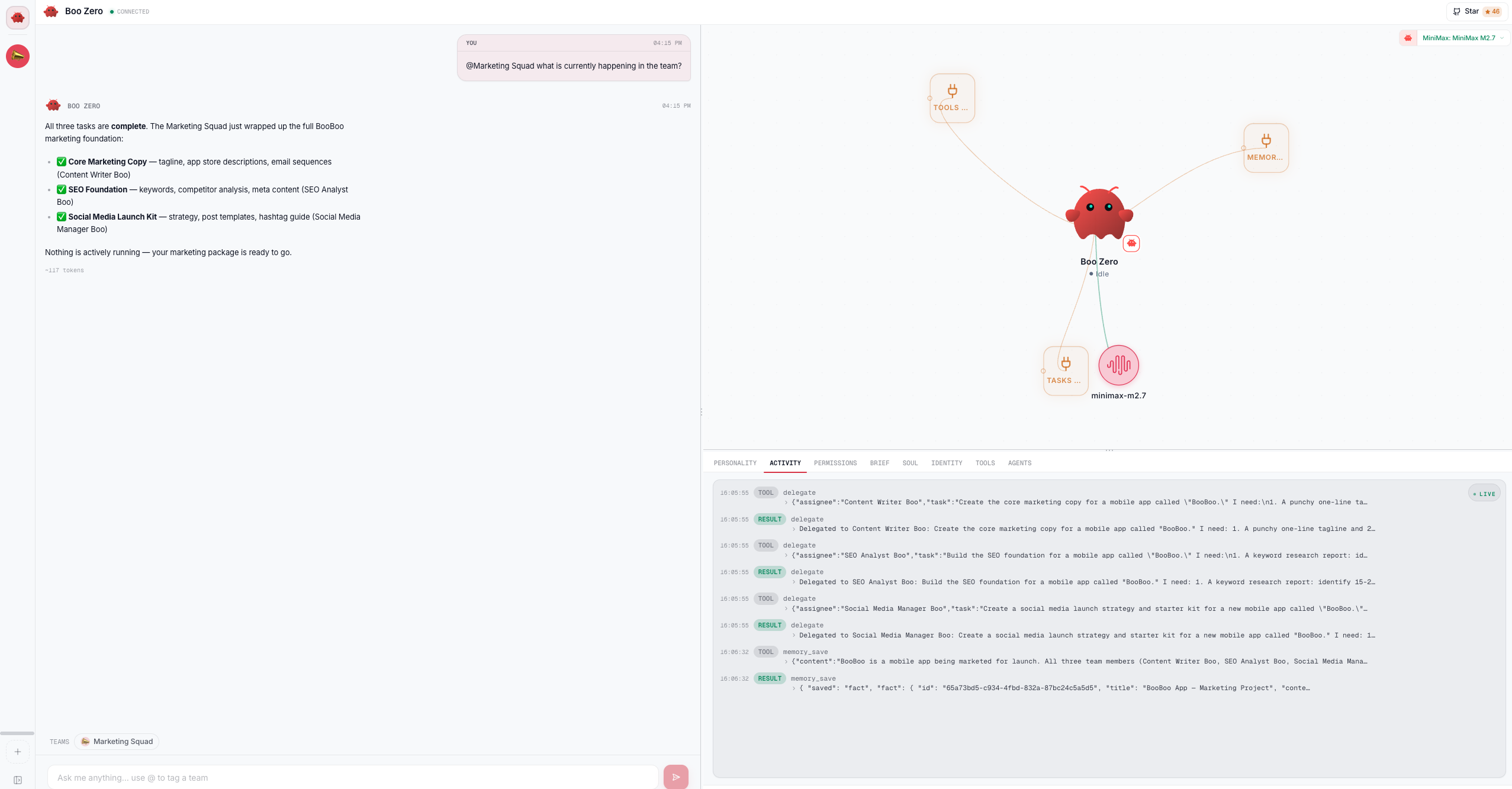 Boo Zero's agent view: delegate tool calls to each specialist streaming in the Activity tab