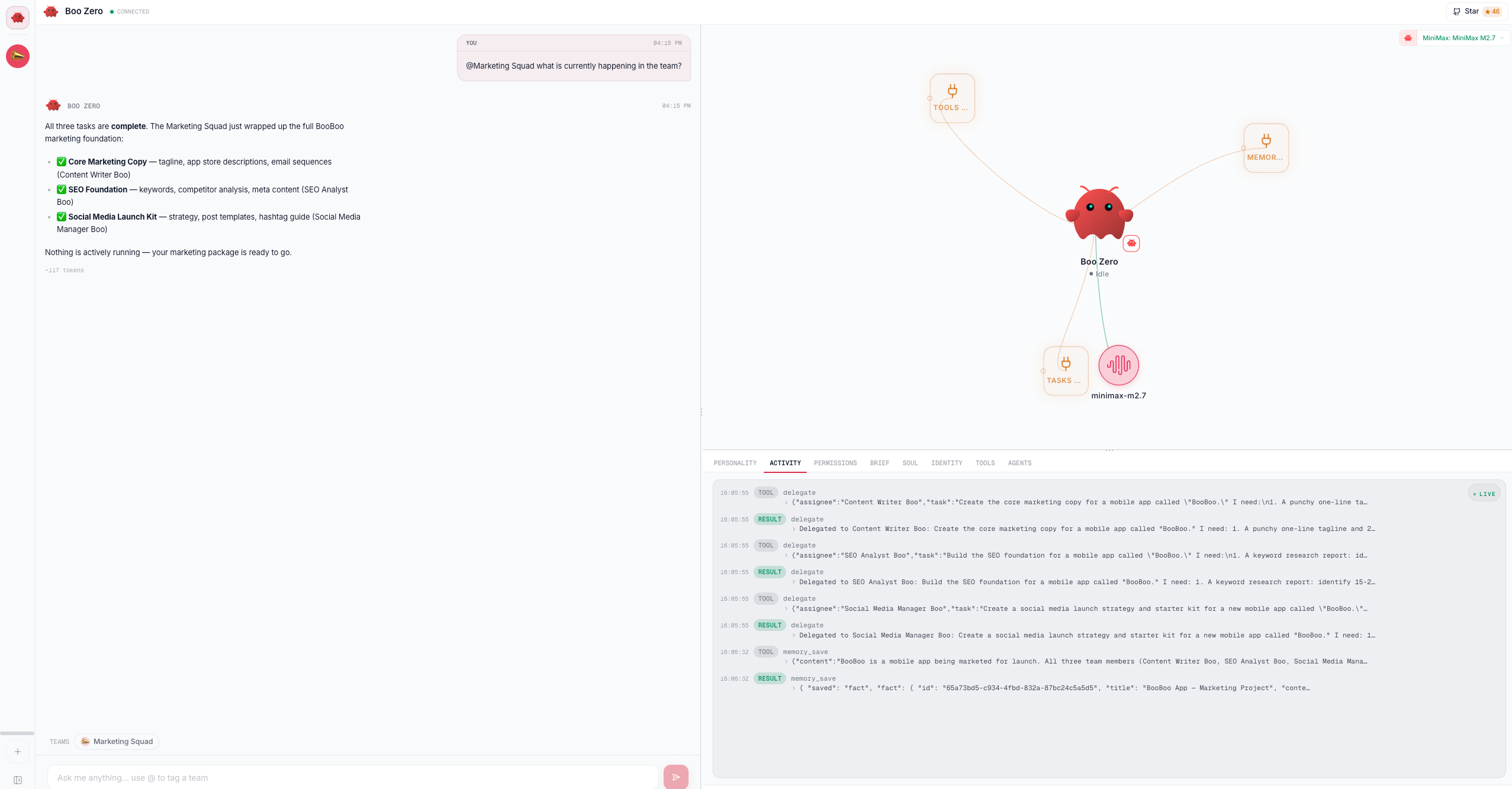 Boo Zero's agent view: delegate tool calls to each specialist streaming in the Activity tab