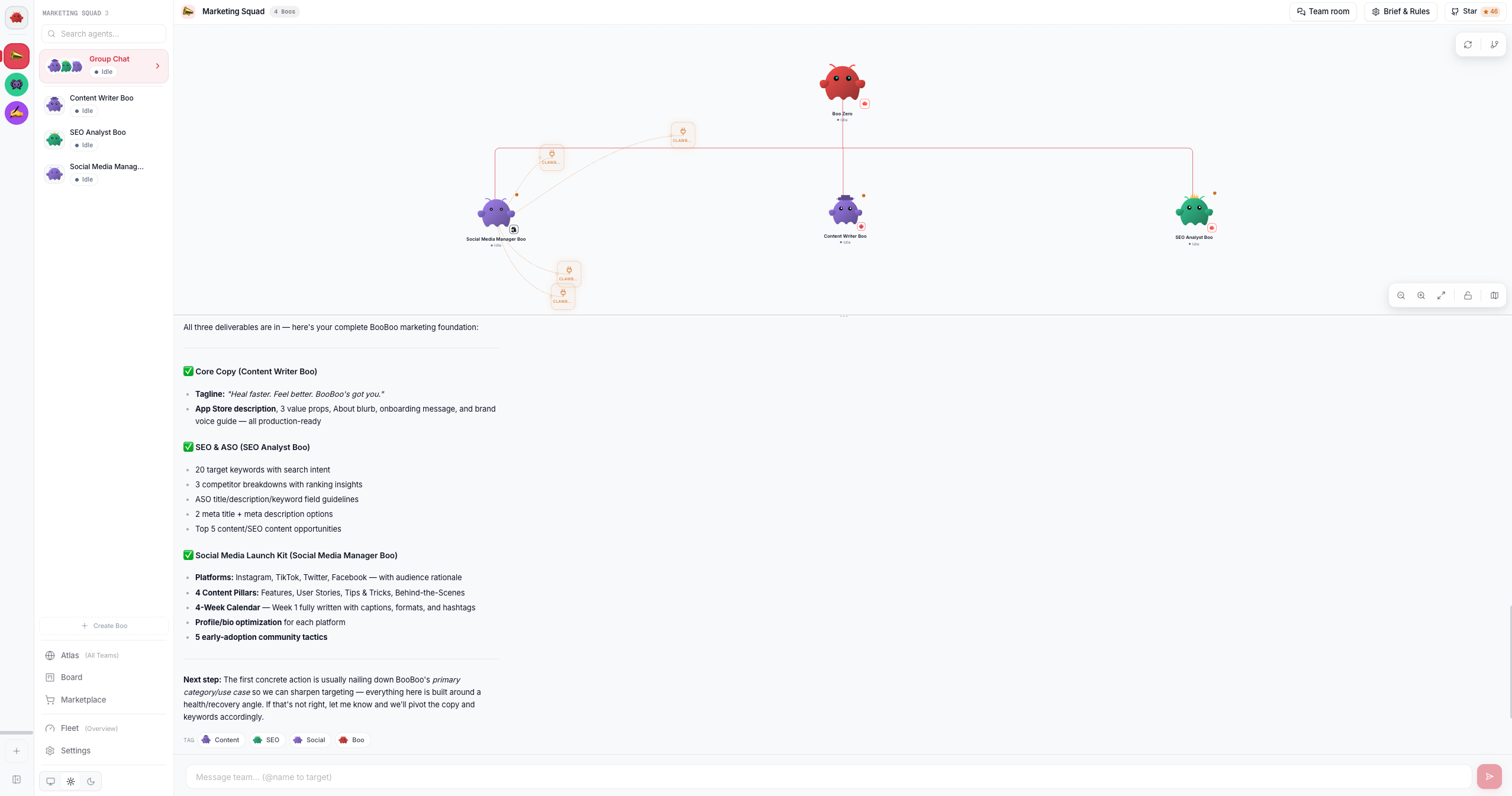 Boo Zero synthesizing three specialists' deliverables into one final summary