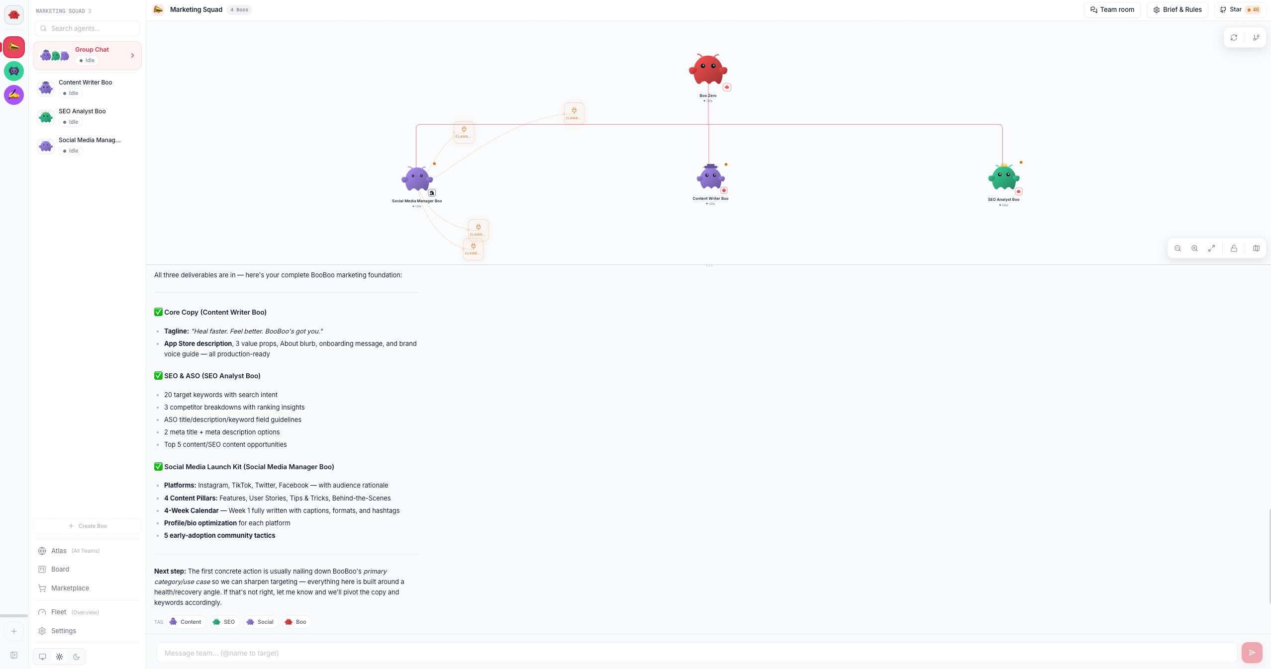 Boo Zero synthesizing three specialists' deliverables into one final summary