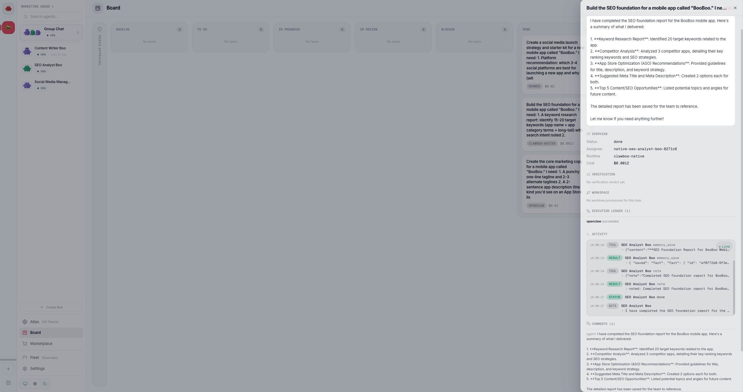 The task-detail drawer: output, verification, execution ledger, live activity, and comments