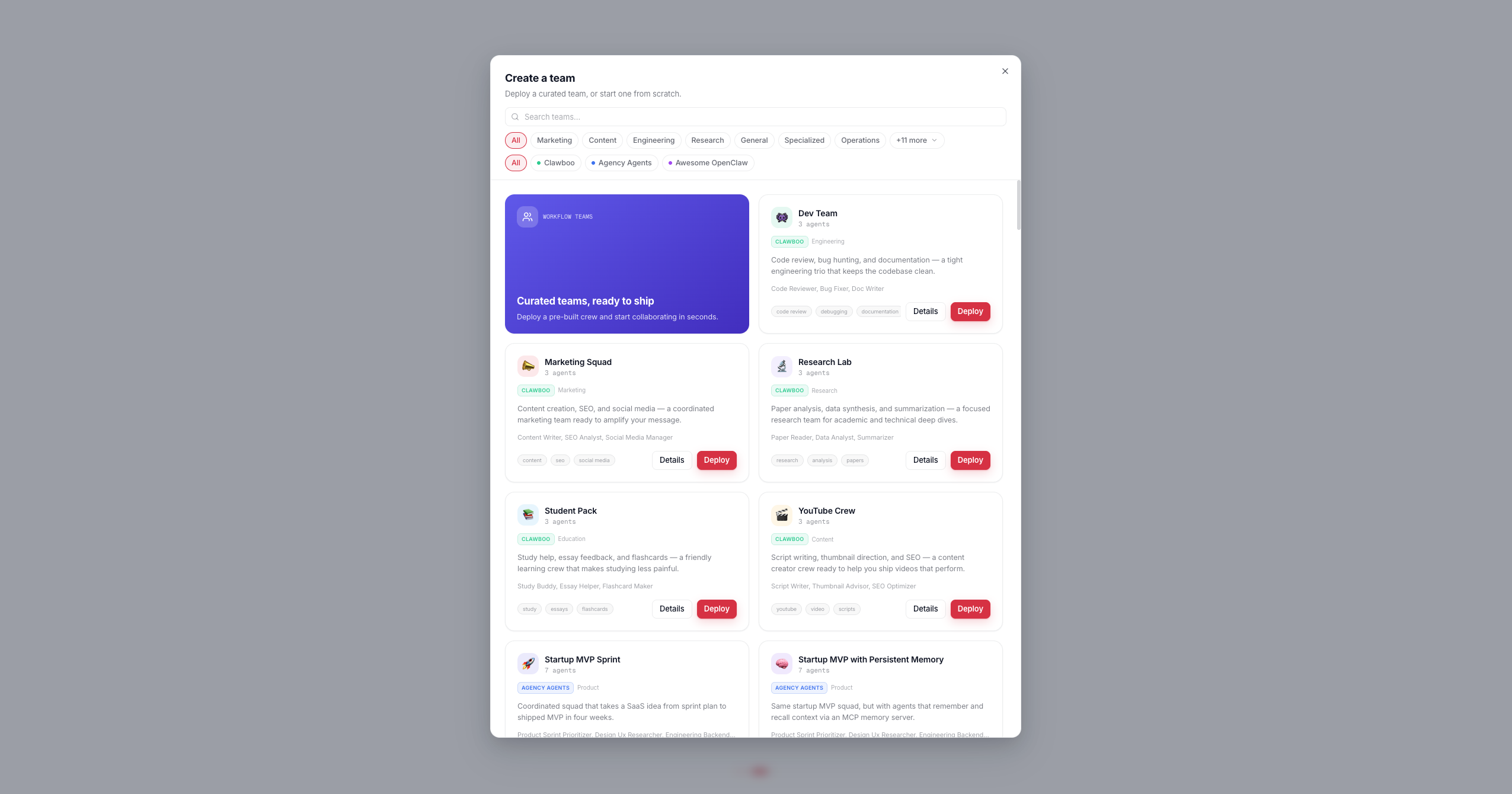 The team showcase, here in the create-team flow: the same curated template grid the Marketplace Teams tab renders, with Details and Deploy buttons