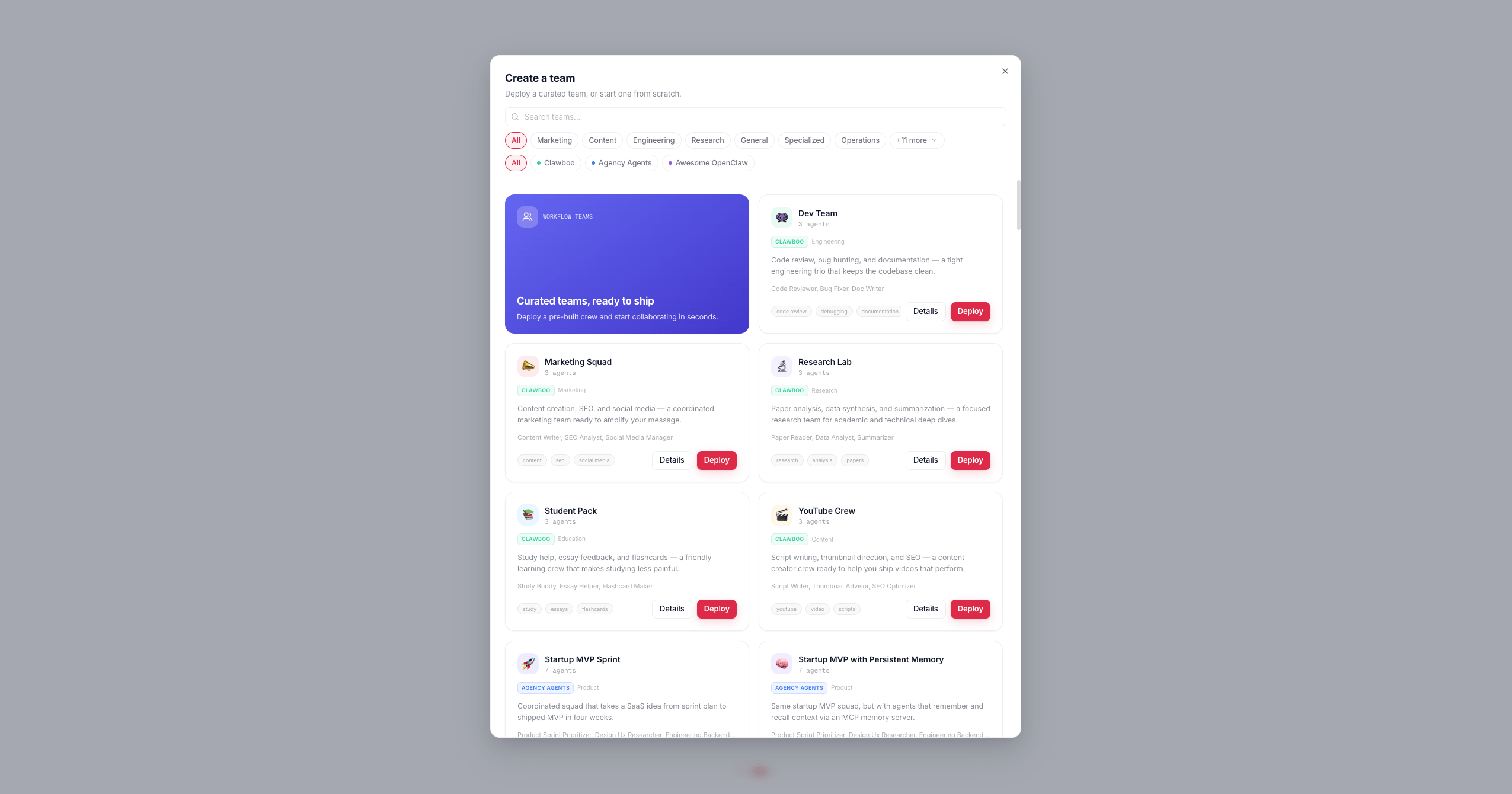 The team showcase, here in the create-team flow: the same curated template grid the Marketplace Teams tab renders, with Details and Deploy buttons