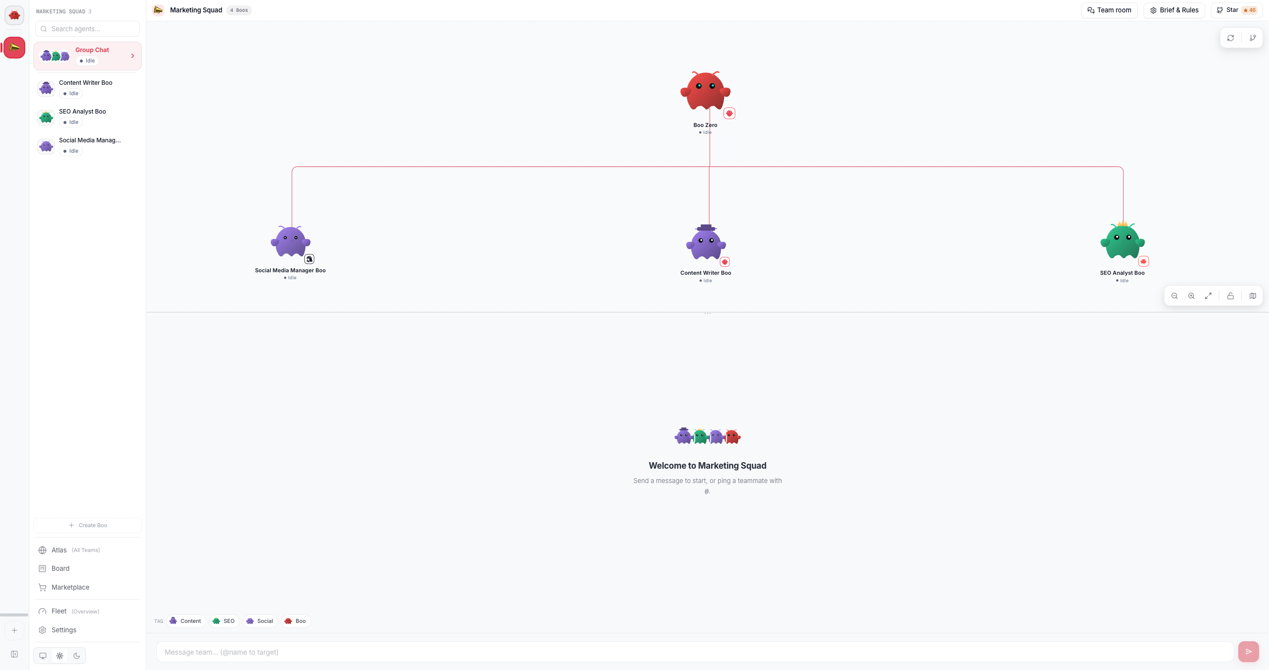 Clawboo Ghost Graph: agents as Boo nodes connected by delegation edges, the leader at the top