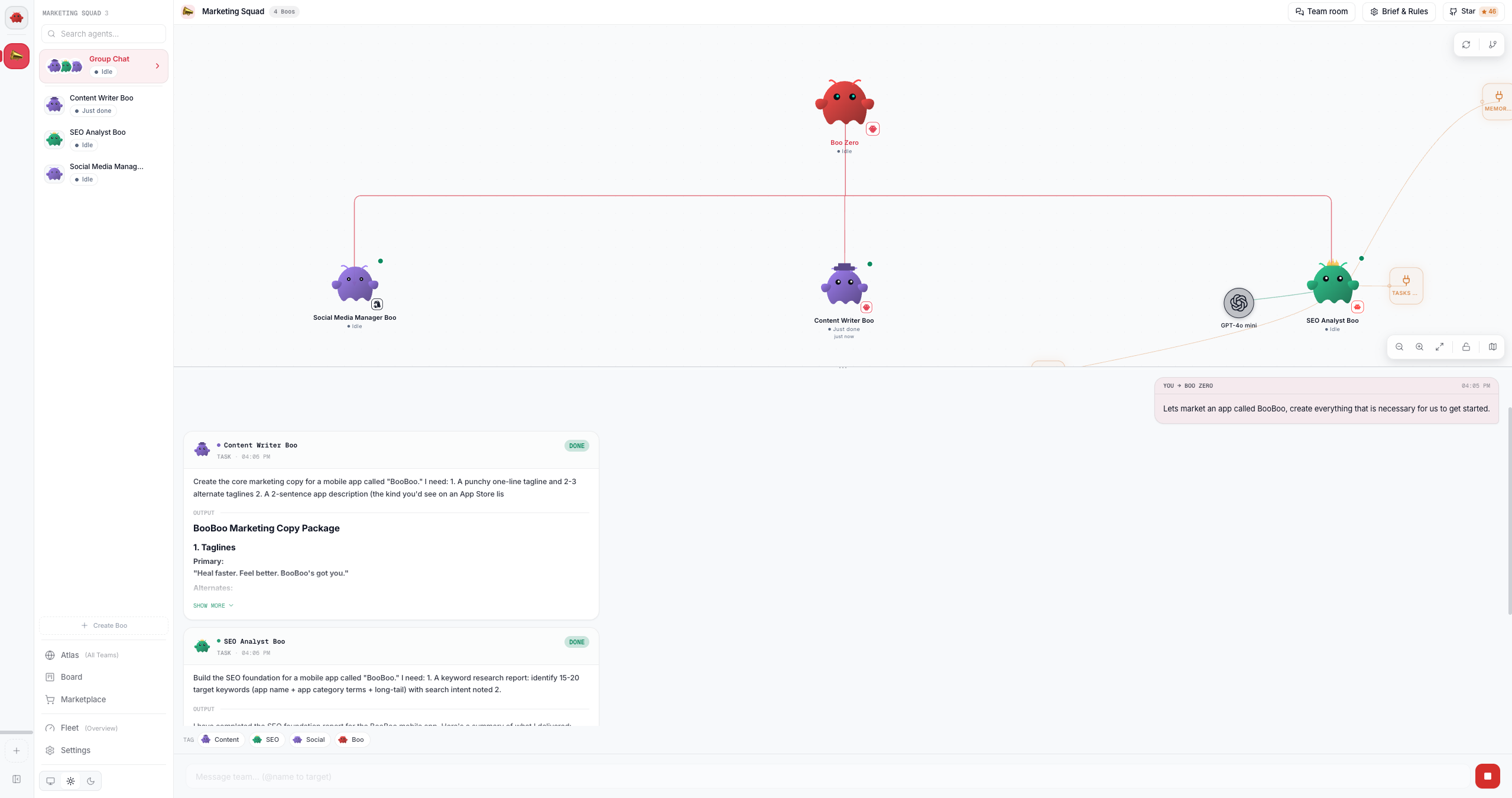 The Clawboo team space: Boo Zero and three specialists in a live team graph, with delegated task cards completing in the group chat below
