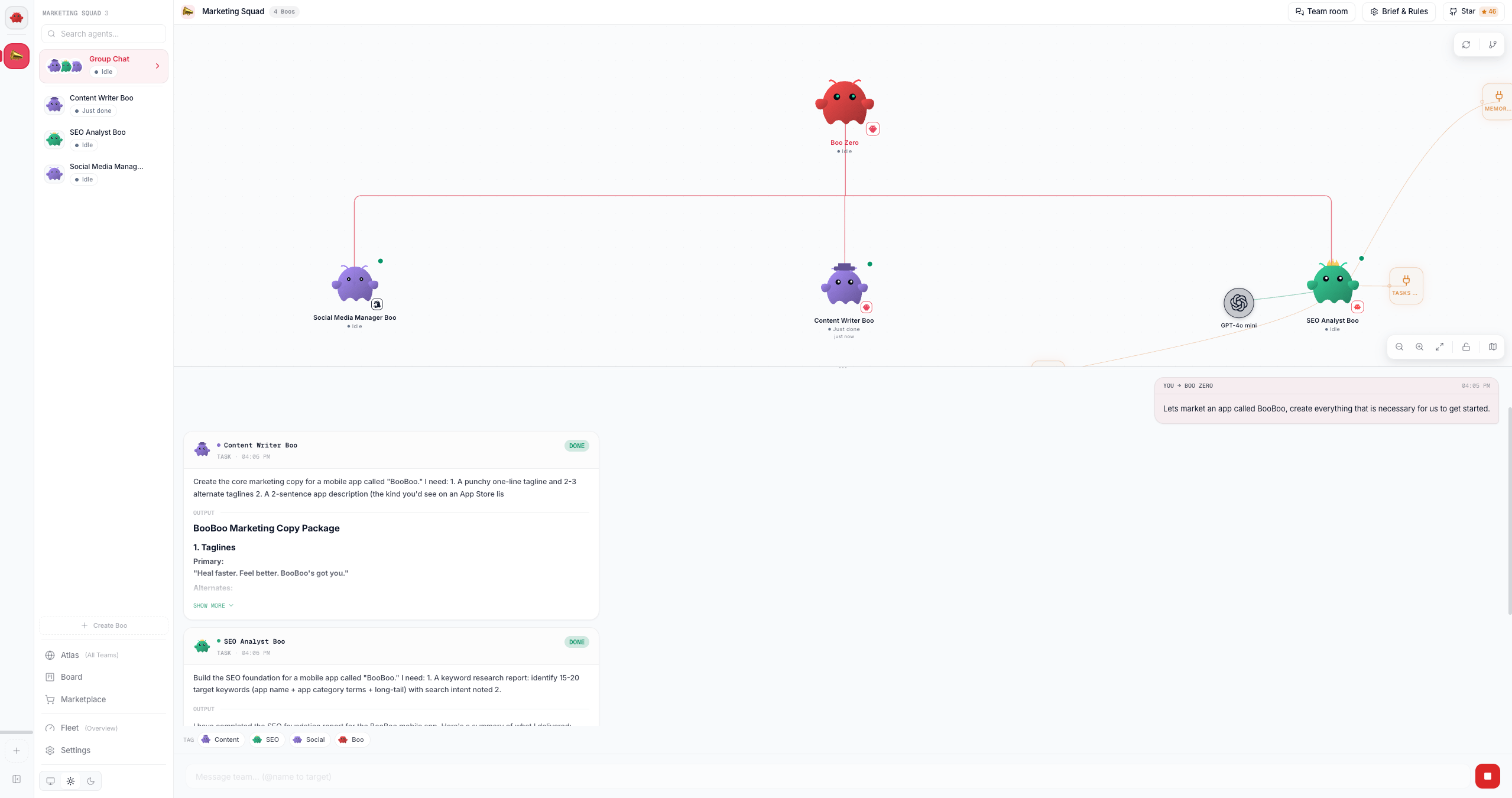 The Clawboo team space: Boo Zero and three specialists in a live team graph, with delegated task cards completing in the group chat below