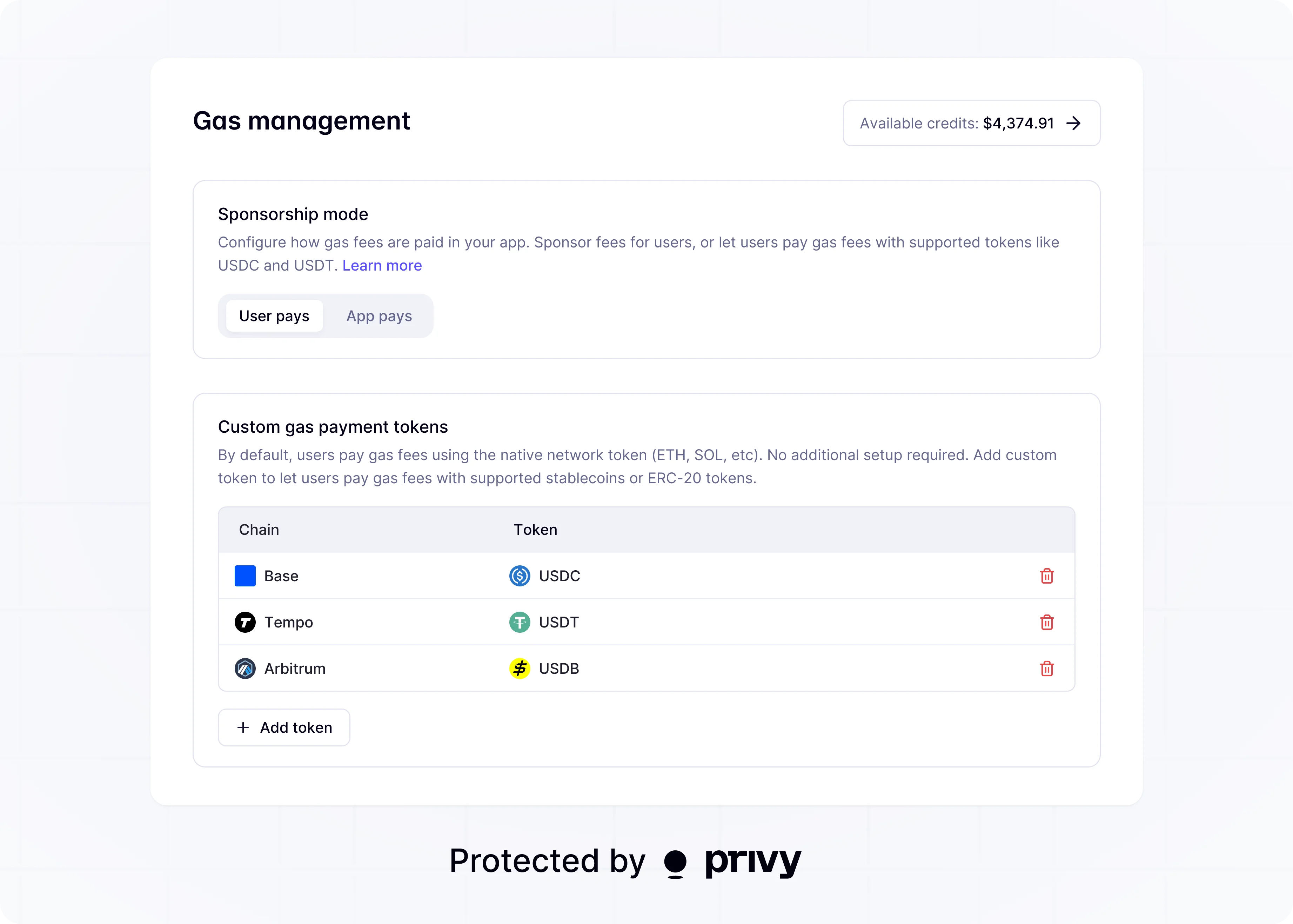Gas management dashboard showing User pays mode selected with custom token rows