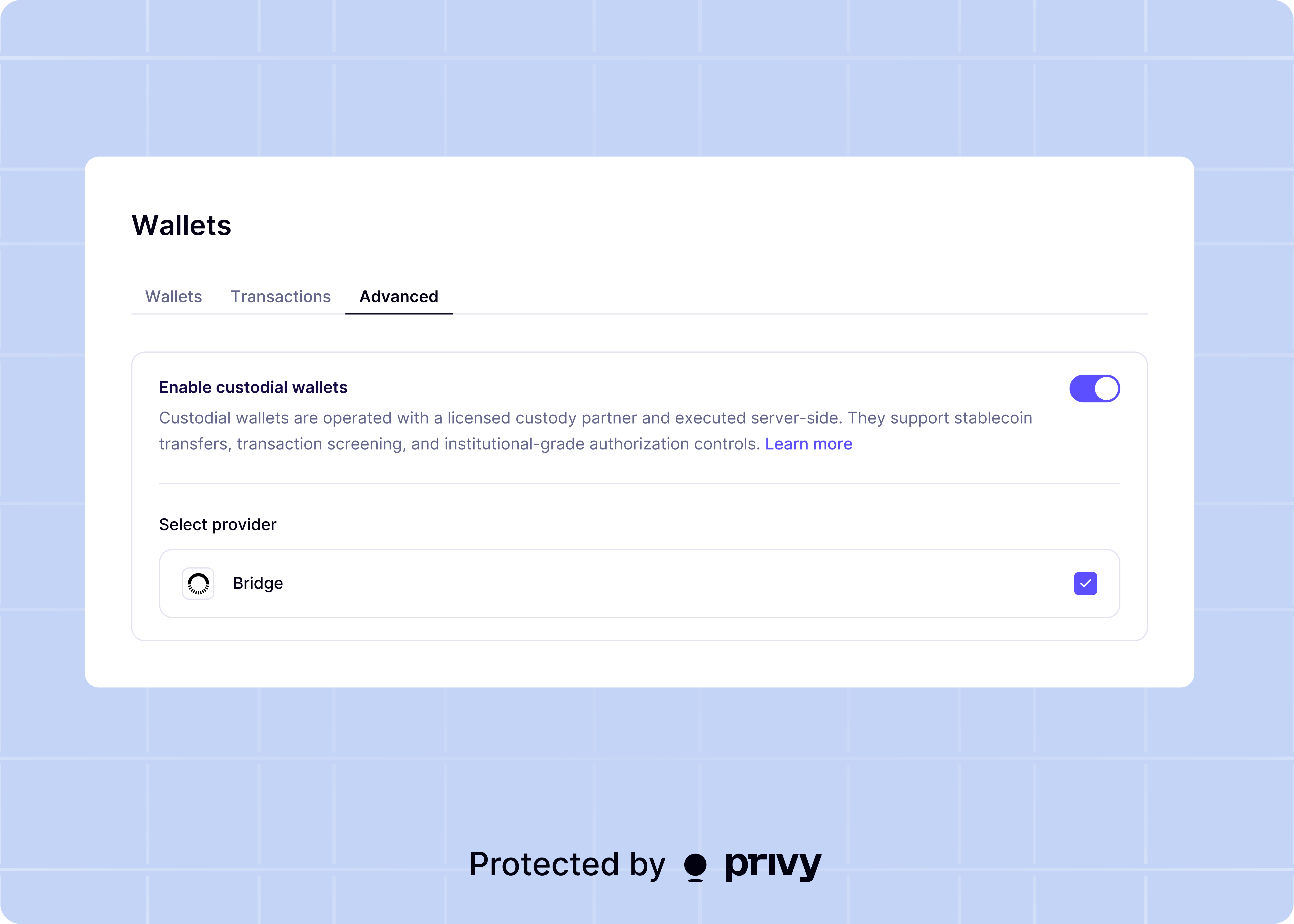 Custodial wallets setup