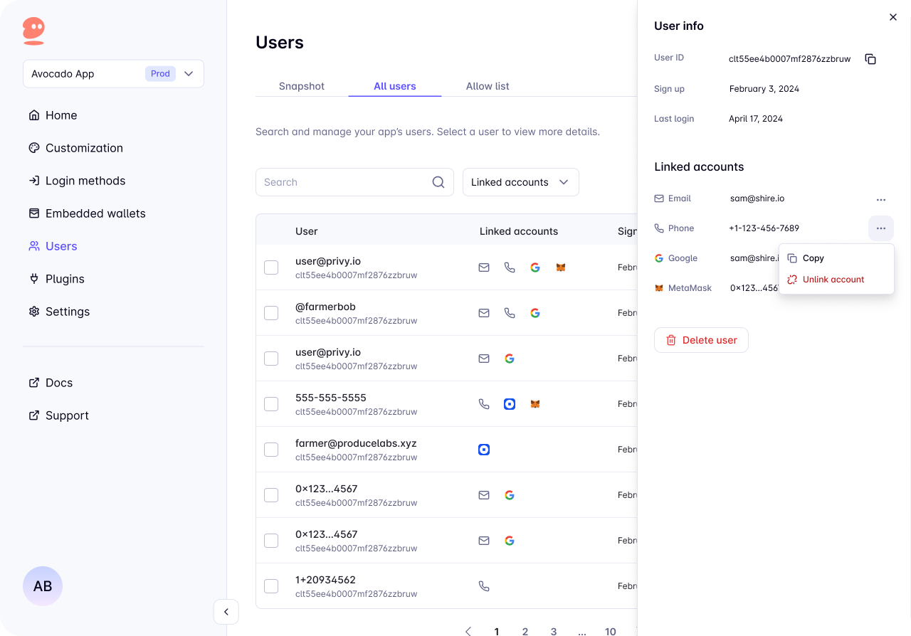 Unlinking an account in the Privy Dashboard