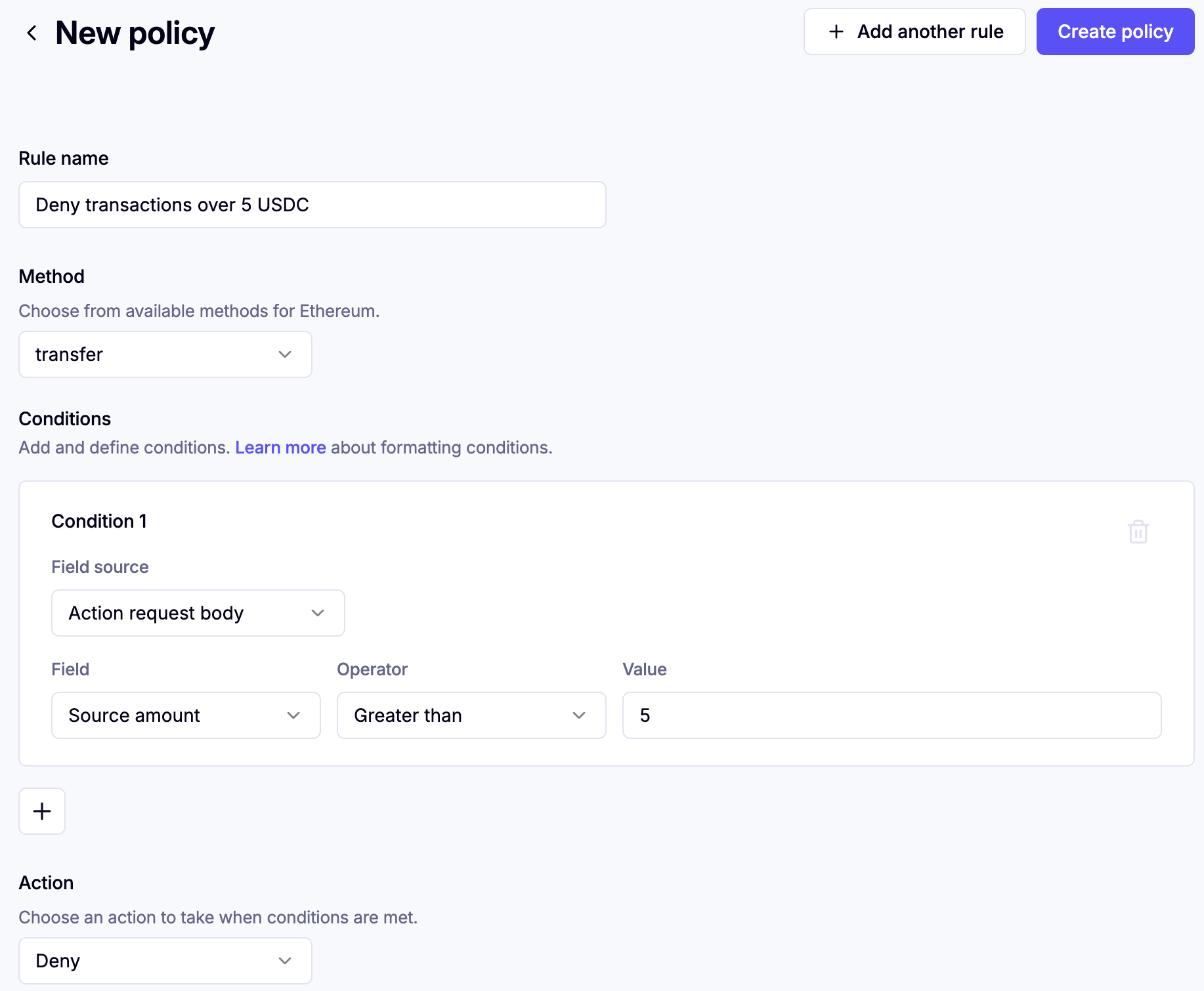 Creating a policy in the Privy Dashboard to deny transactions over 5 USDC