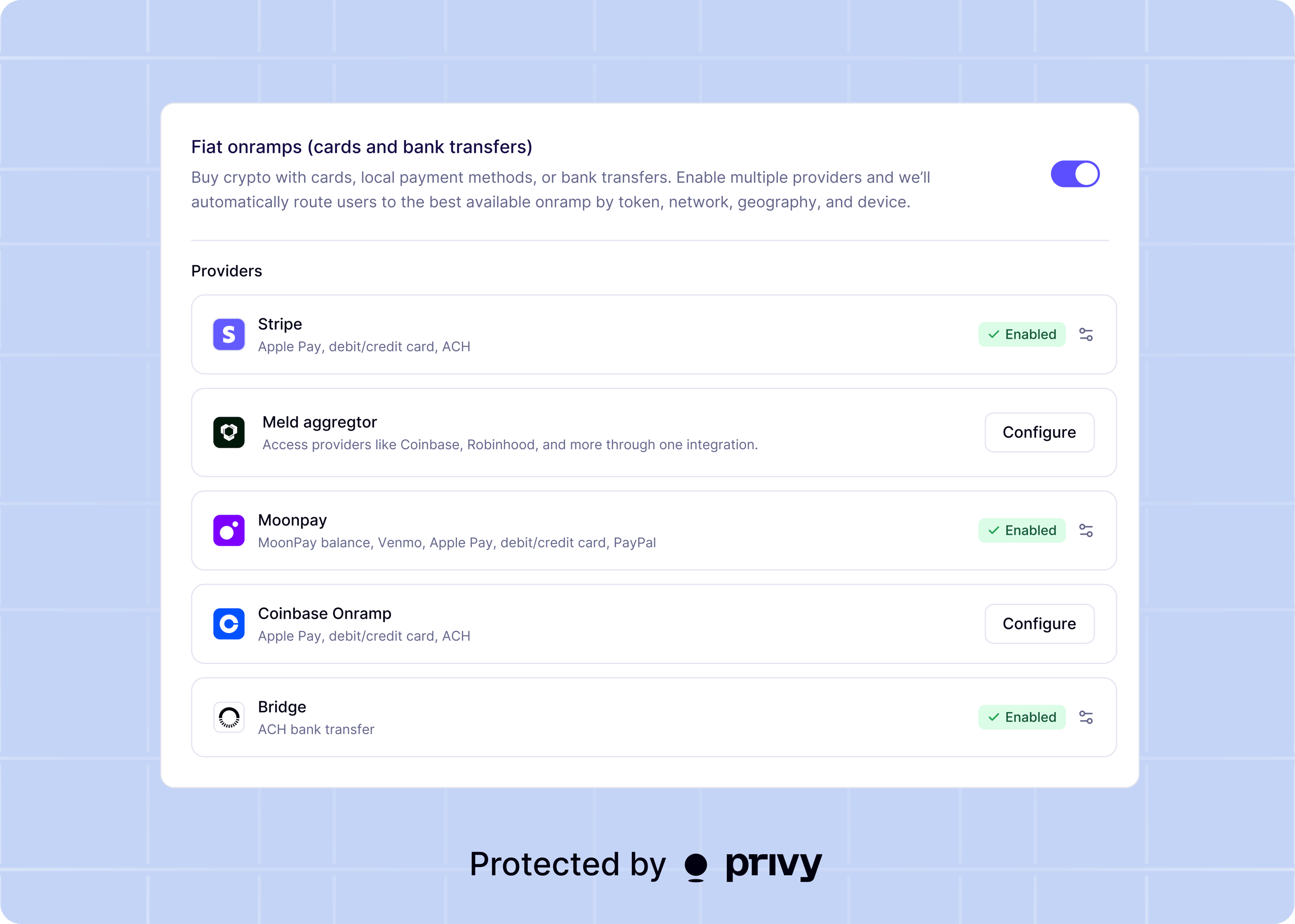 Privy Api Configuring funding methods - Privy Docs
