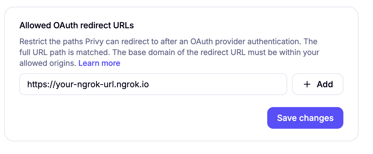 Dashboard settings showing allowed redirect URLs configuration