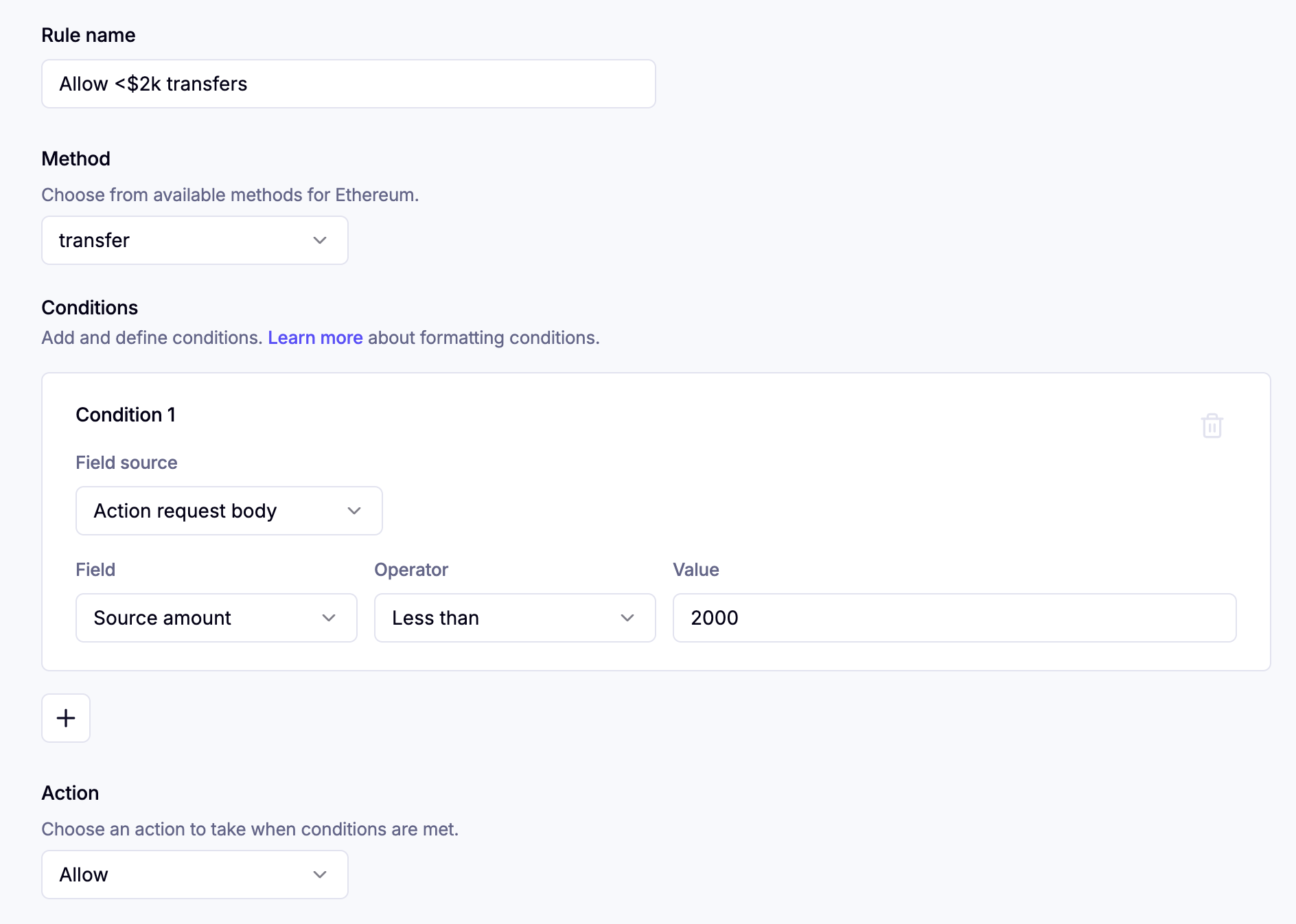 Creating a policy in the Privy Dashboard to deny transactions over 2000 USDC