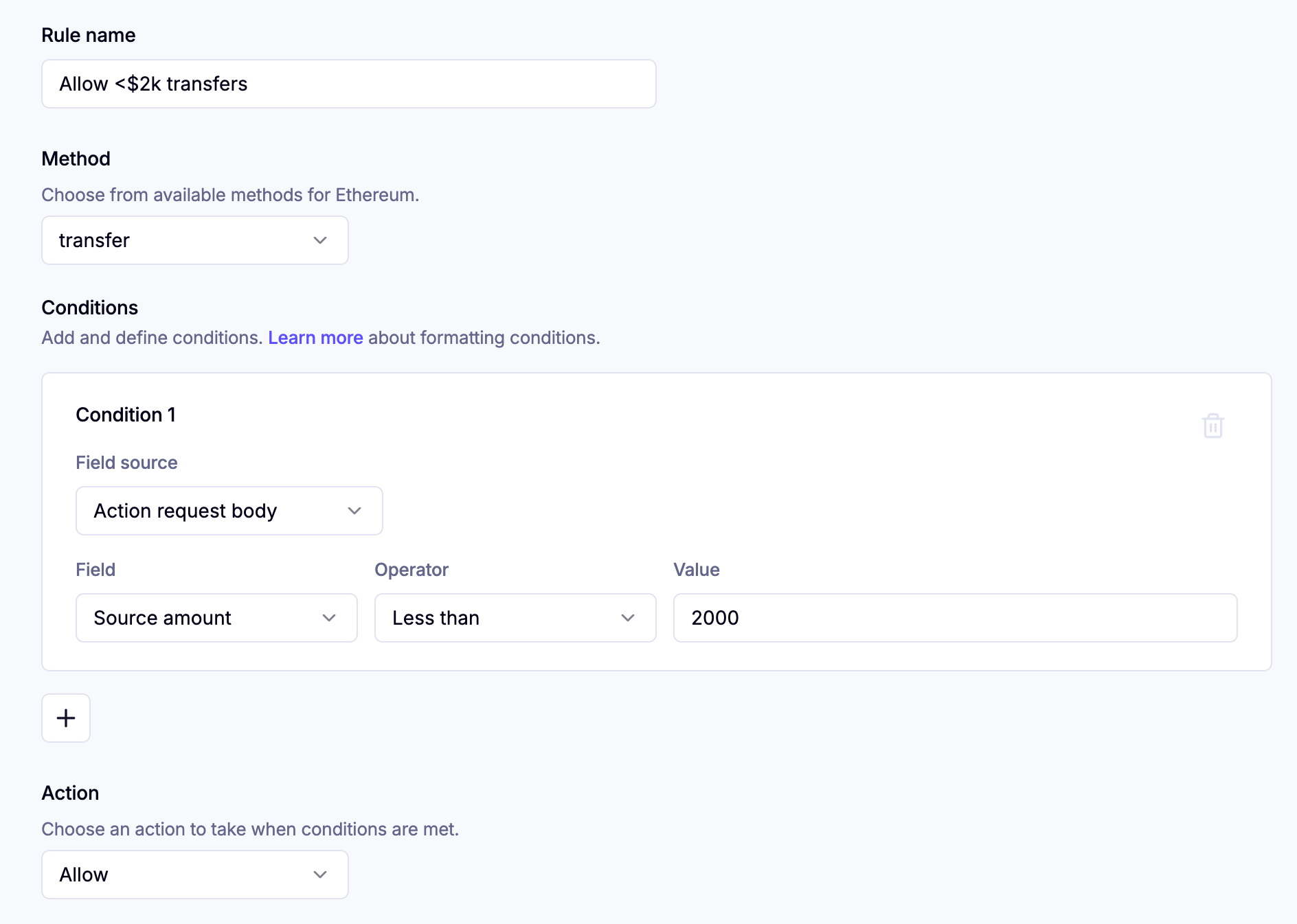 Creating a policy in the Privy Dashboard to deny transactions over 2000 USDC