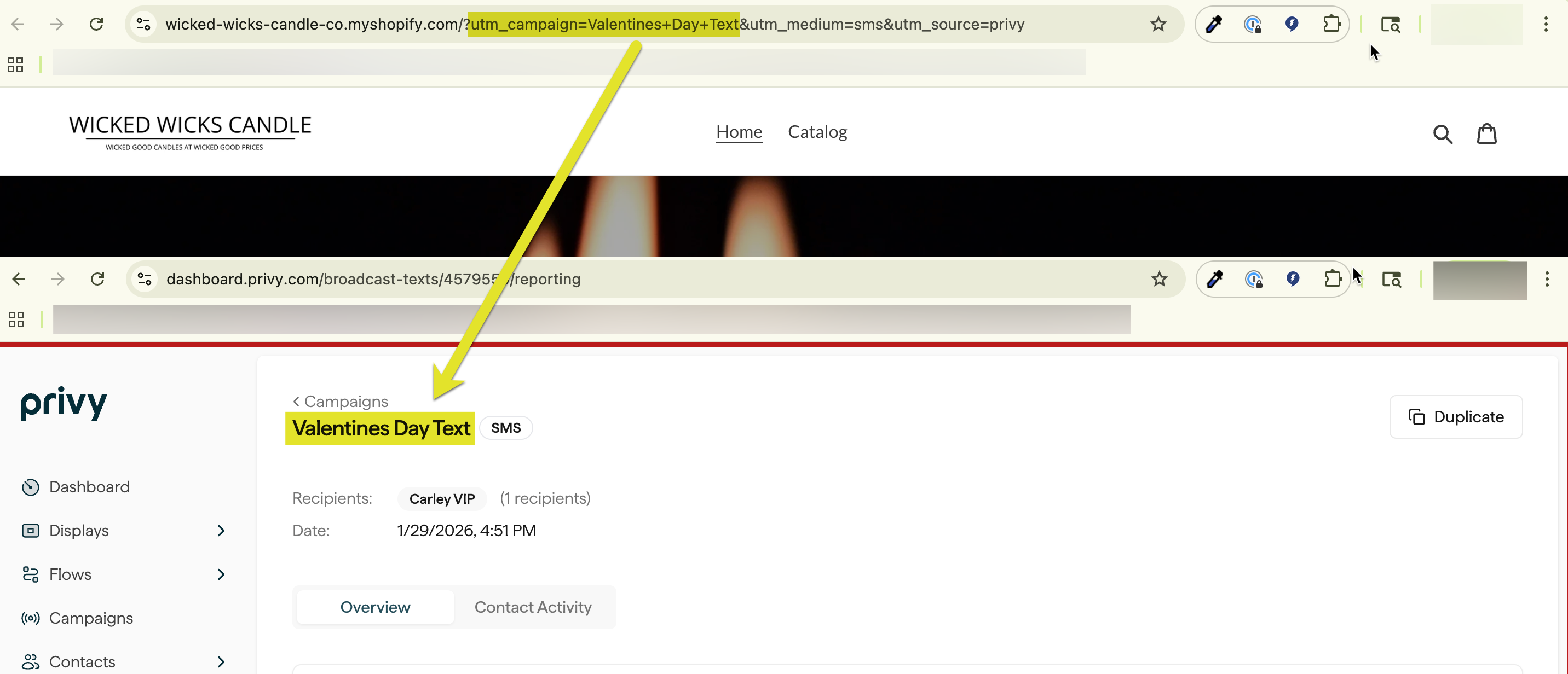 Screenshots showing that the text UTM Campaign Value matches the text Campaign Name from within the merchant's Privy URL
