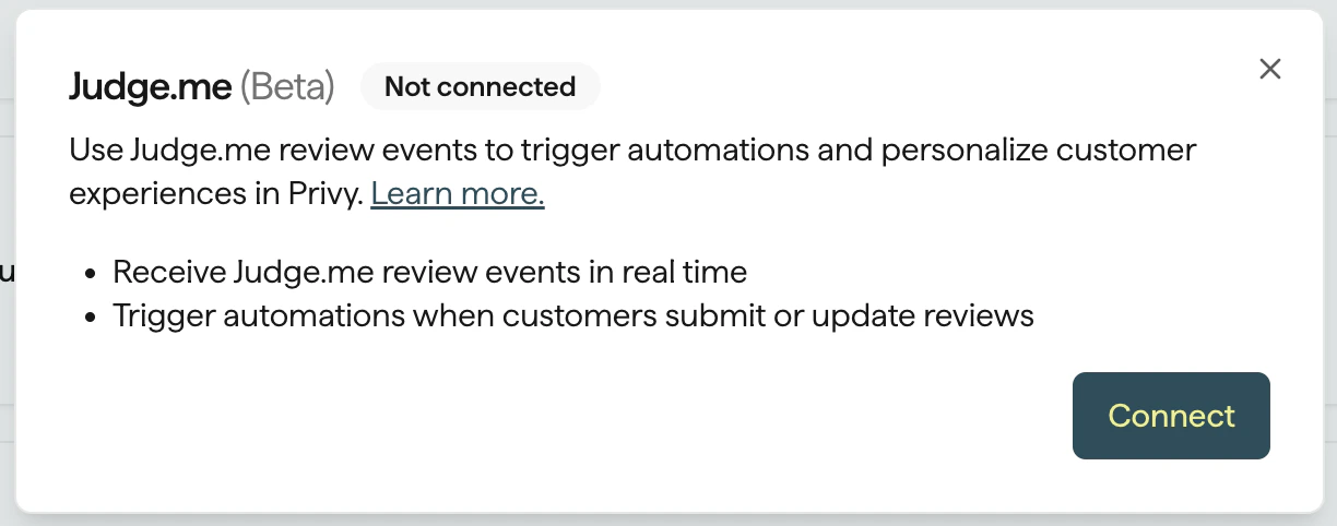 Judge.me integration connection modal showing the Connect button