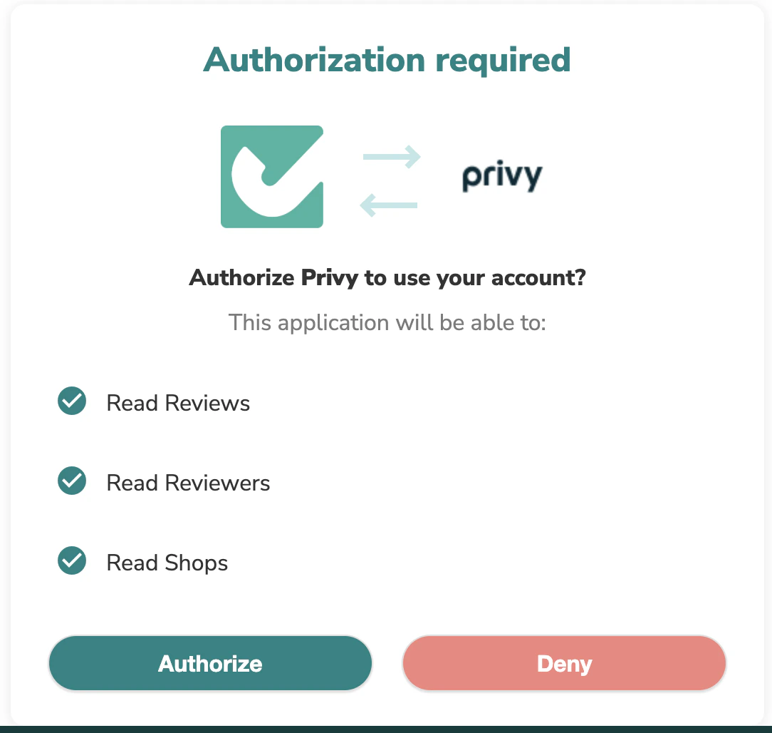 Judge.me OAuth consent screen showing permissions: Read Reviews, Read Reviewers, Read Shops