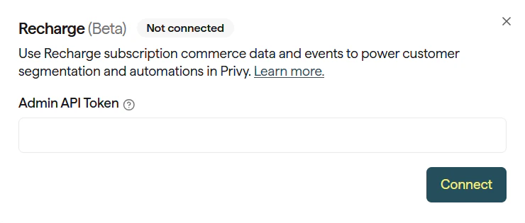 Recharge integration connection modal showing the API token field and Connect button