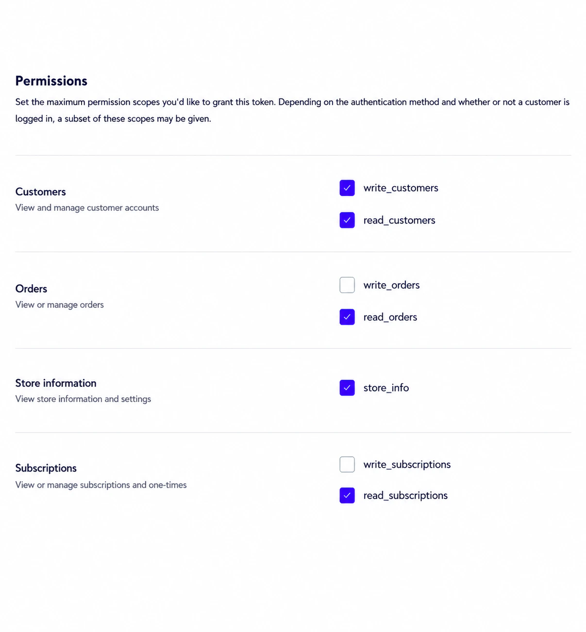Recharge Admin API token permissions with customer, order, store, and subscription access selected