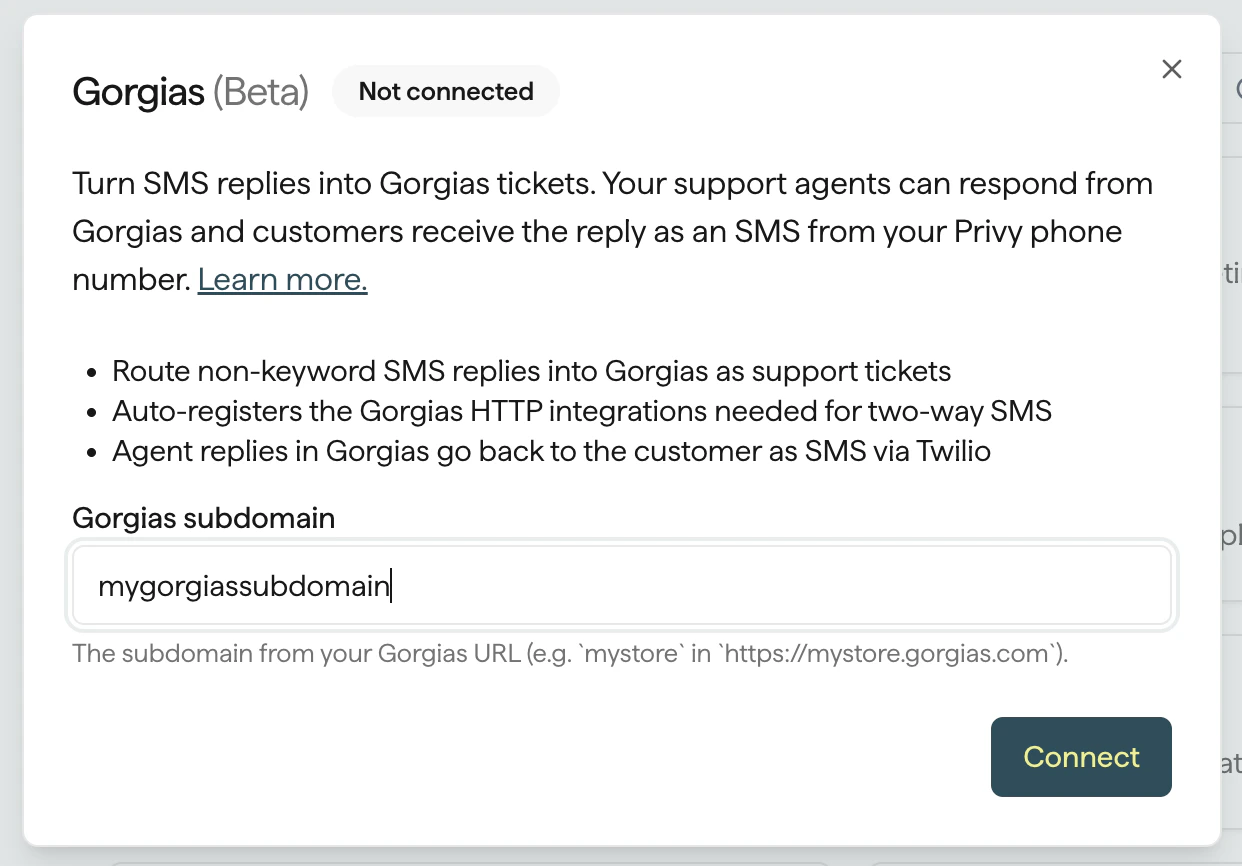 Gorgias integration connect dialog with the subdomain input and Connect button