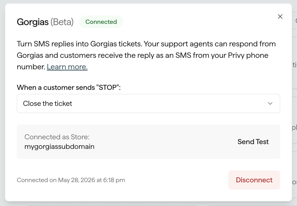 Connected Gorgias integration in Privy showing the connected store identifier