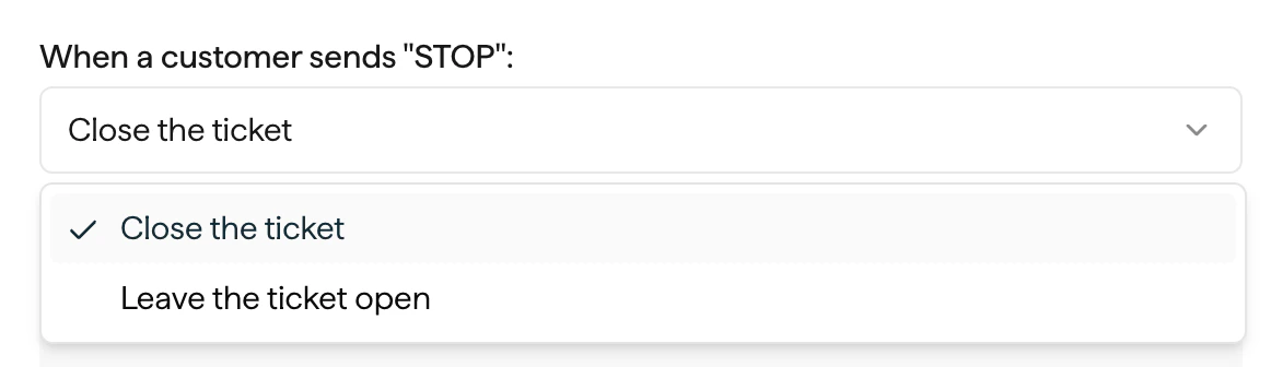 Gorgias integration settings showing the 'When a customer sends STOP' dropdown
