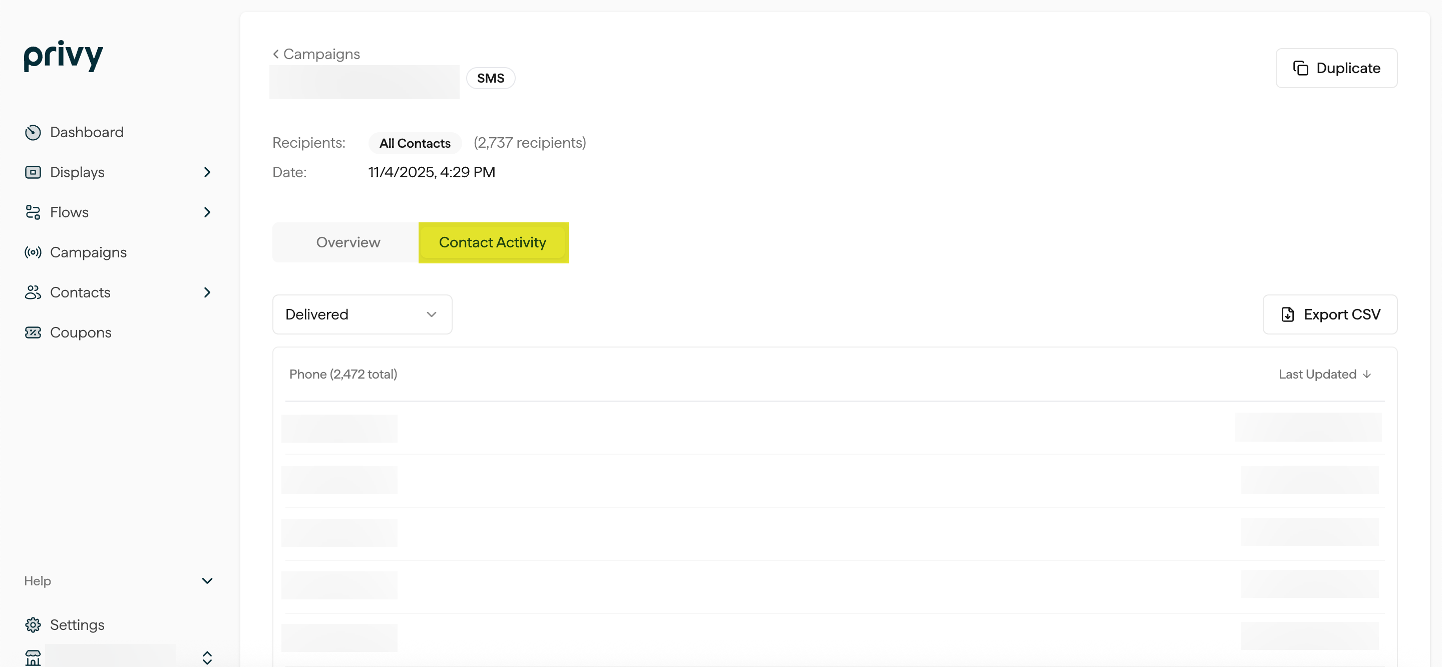 Screenshot of an SMS Campaign's recipients table