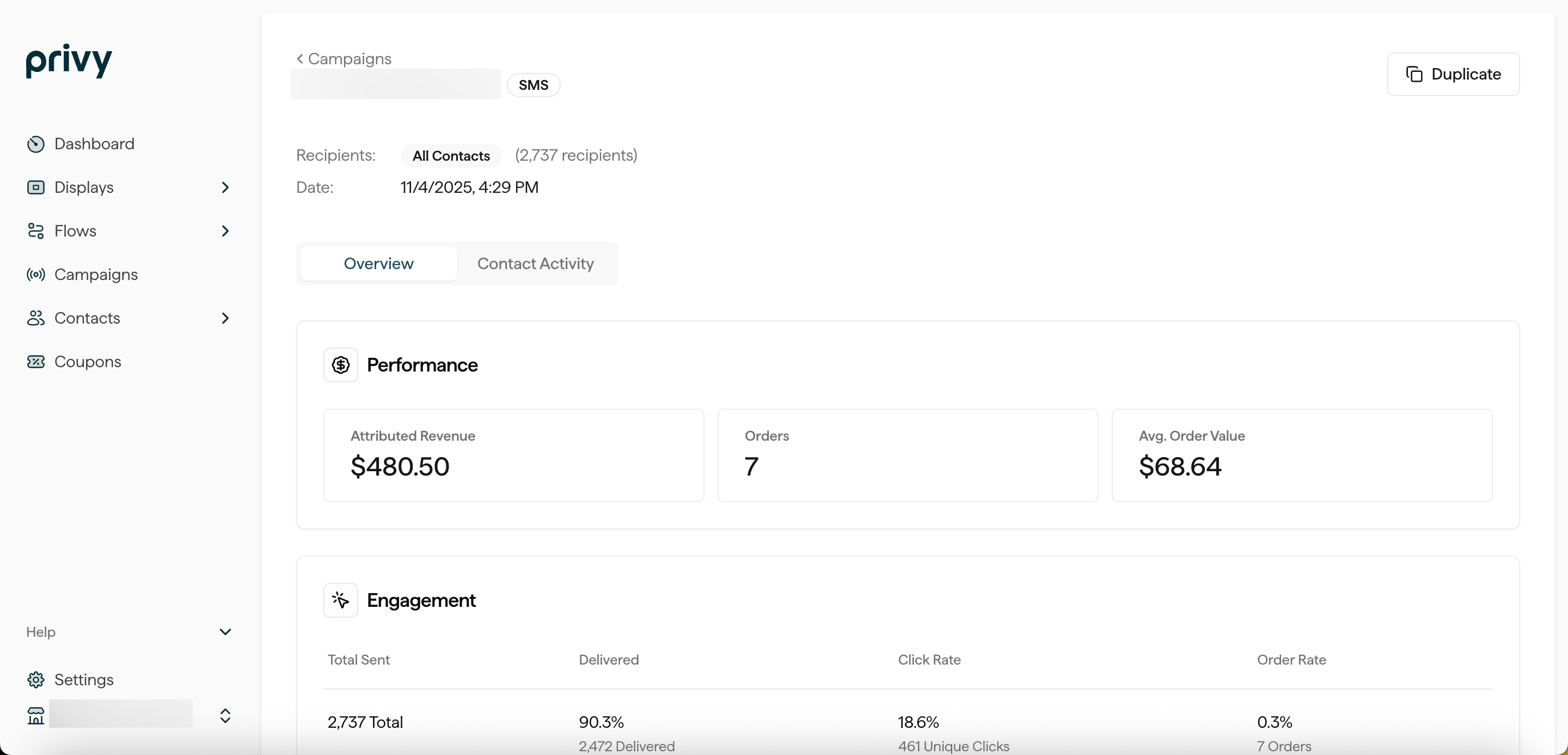 Screenshot of individual Text Campaign reporting page