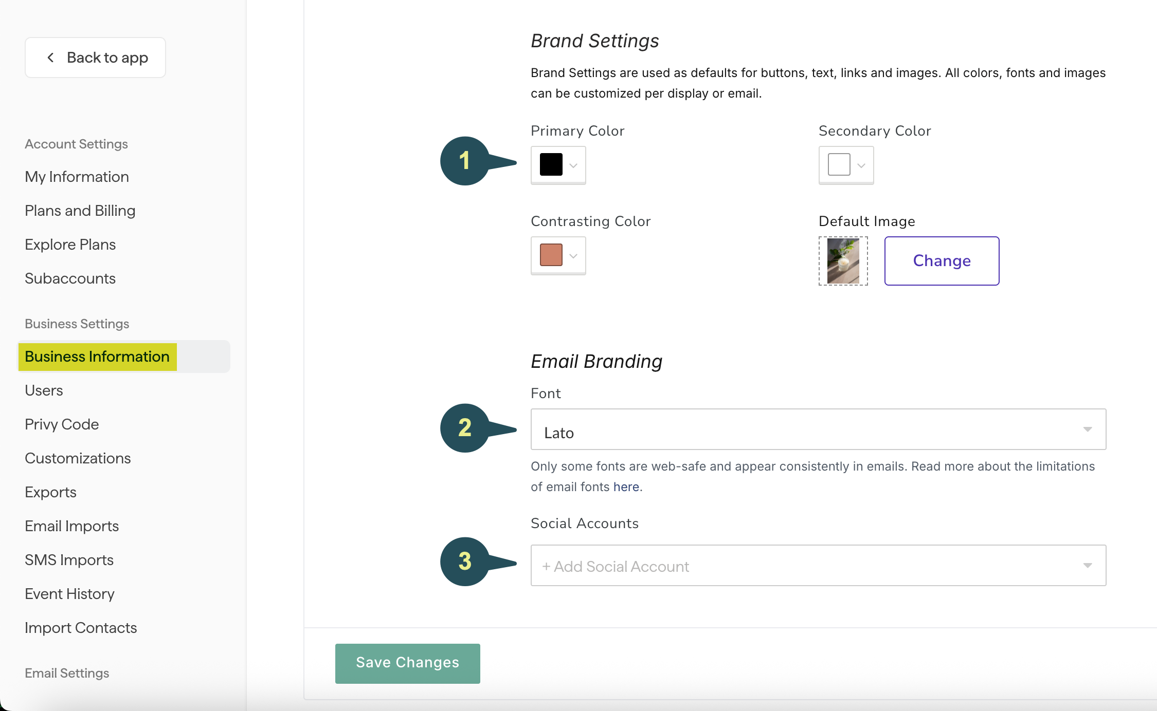 Screenshot showing where to update your brand's colors, fonts, and social media links in your Privy Settings