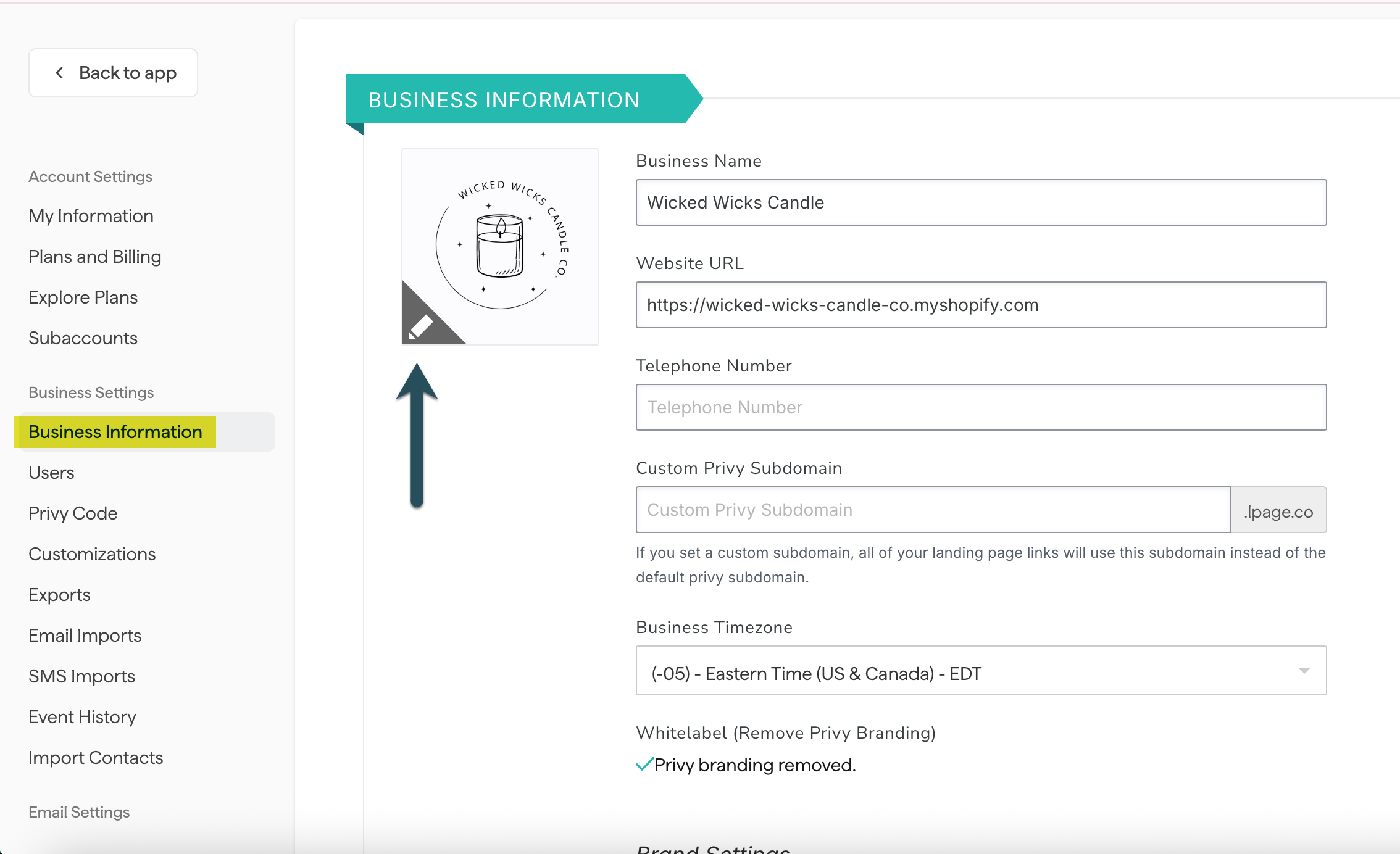 Screenshot showing you where to upload your logo in your Privy Settings
