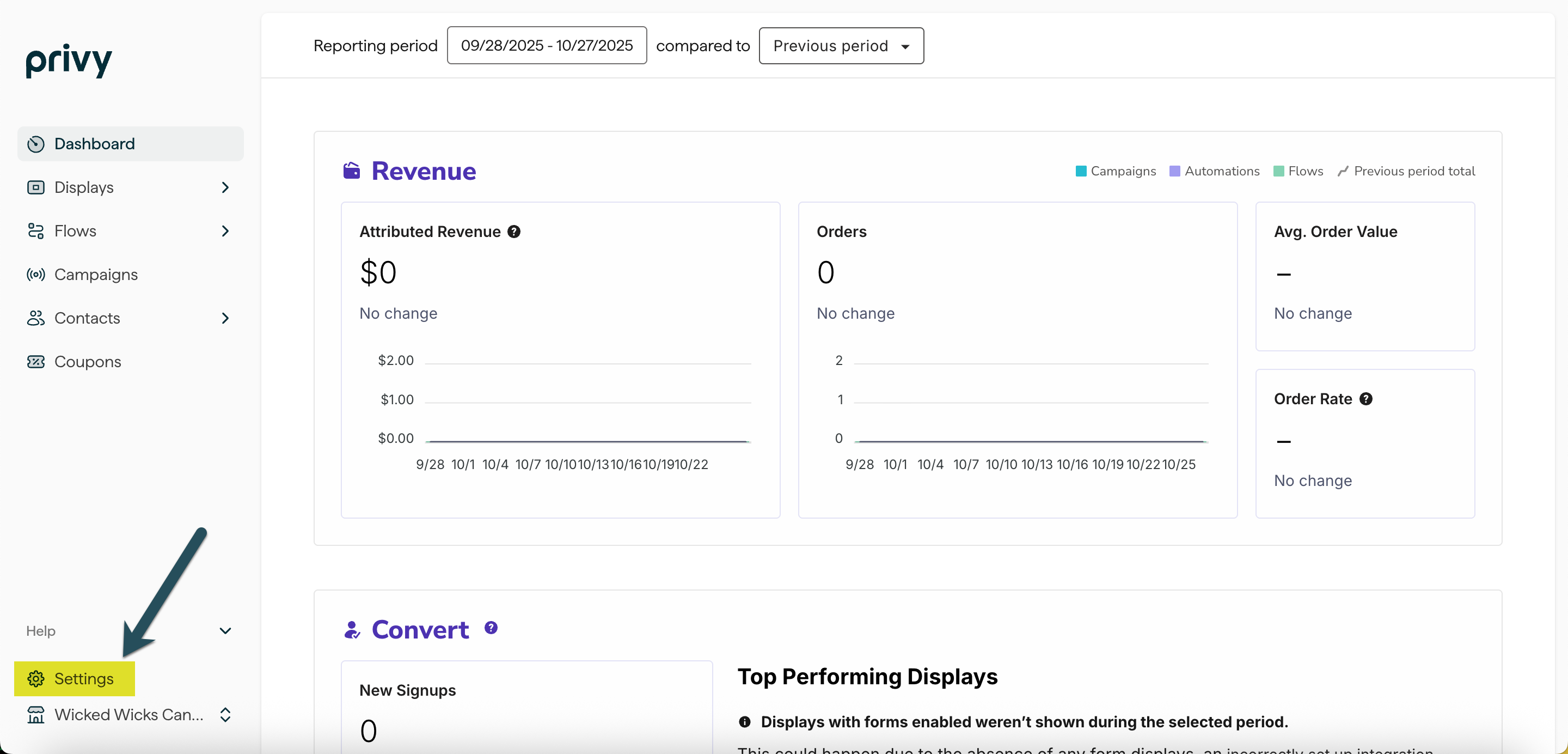 A screenshot pointing out where to find your Account Settings in the Privy dashboard