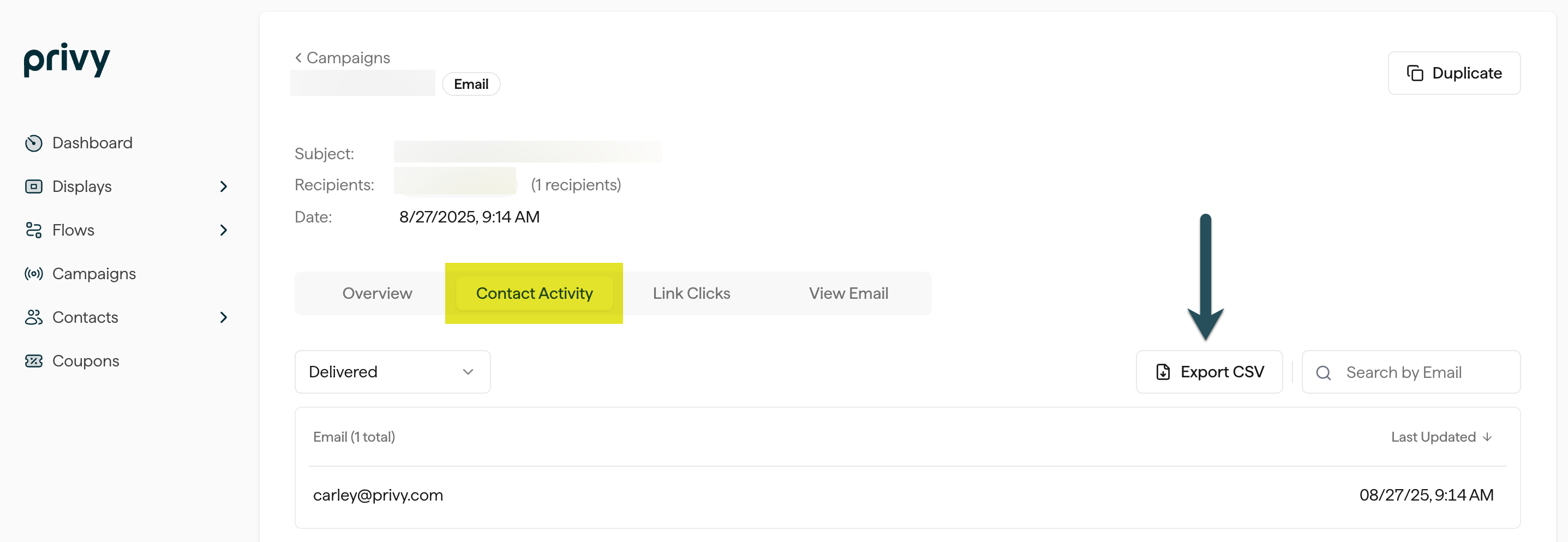Screenshot identifying where to export a file of your campaign's recipients